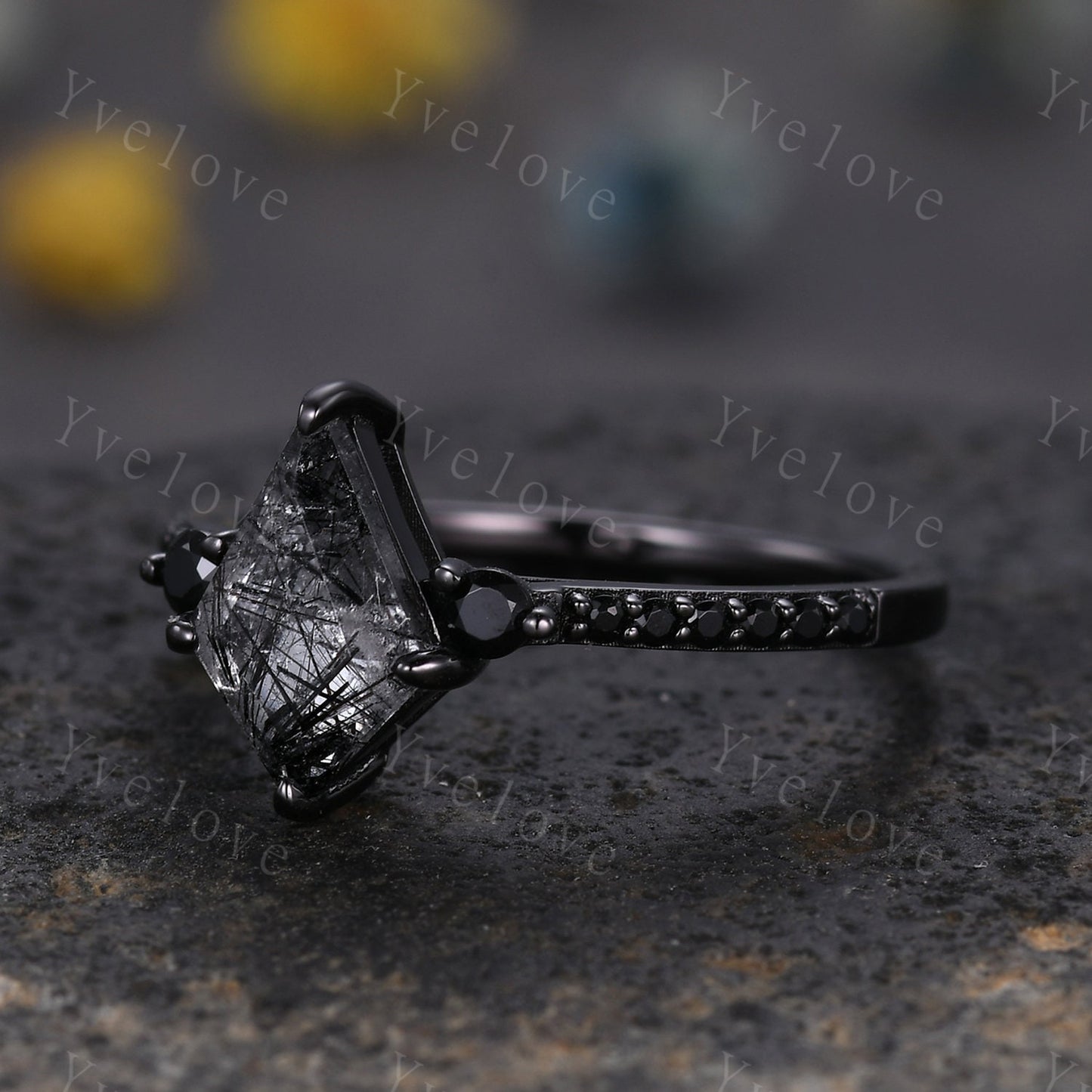 Dainty Kite Black Quartz Rutilated Engagement Ring Antique Black Gold Ring Black Gemstone Ring Bridal Ring Anniversary Ring Handmade Gift