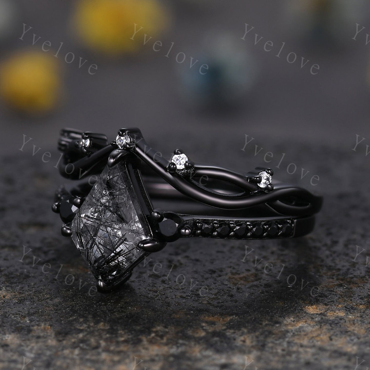 Dainty Kite Black Quartz Rutilated Engagement Ring Antique Black Gold Ring Black Gemstone Ring Bridal Ring Anniversary Ring Handmade Gift