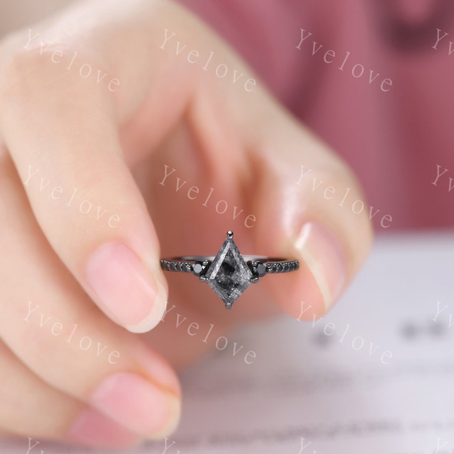 Dainty Kite Cut Salt and Pepper Diamond Engagement Ring Set Antique Black Gold Ring Black Spinel Gems Bridal Set Promise Ring Handmade Gift