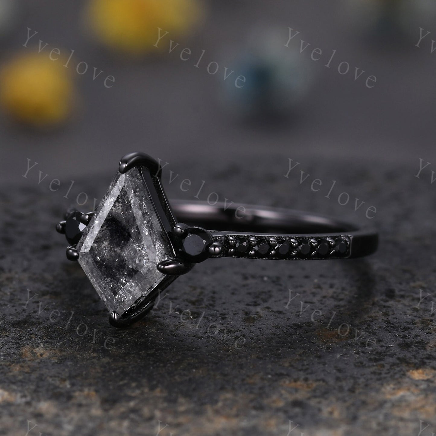 Dainty Kite Cut Salt and Pepper Diamond Engagement Ring Antique Black Gold Ring Black Spinel Gems Bridal Ring Promise Ring Handmade Gift