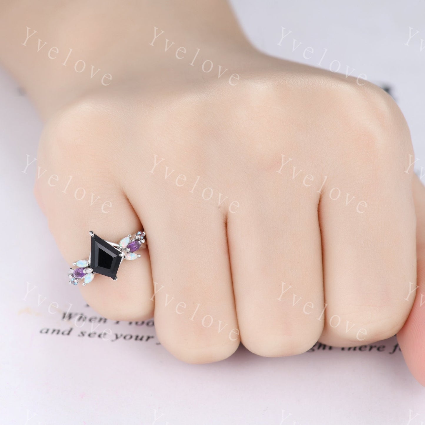 Vintage Kite Black Onyx Engagement Ring Set,Silver Band,Vines Amethyst Opal Ring,Women Bridal Set,Unique Twig Anniversary Promise Ring Gift