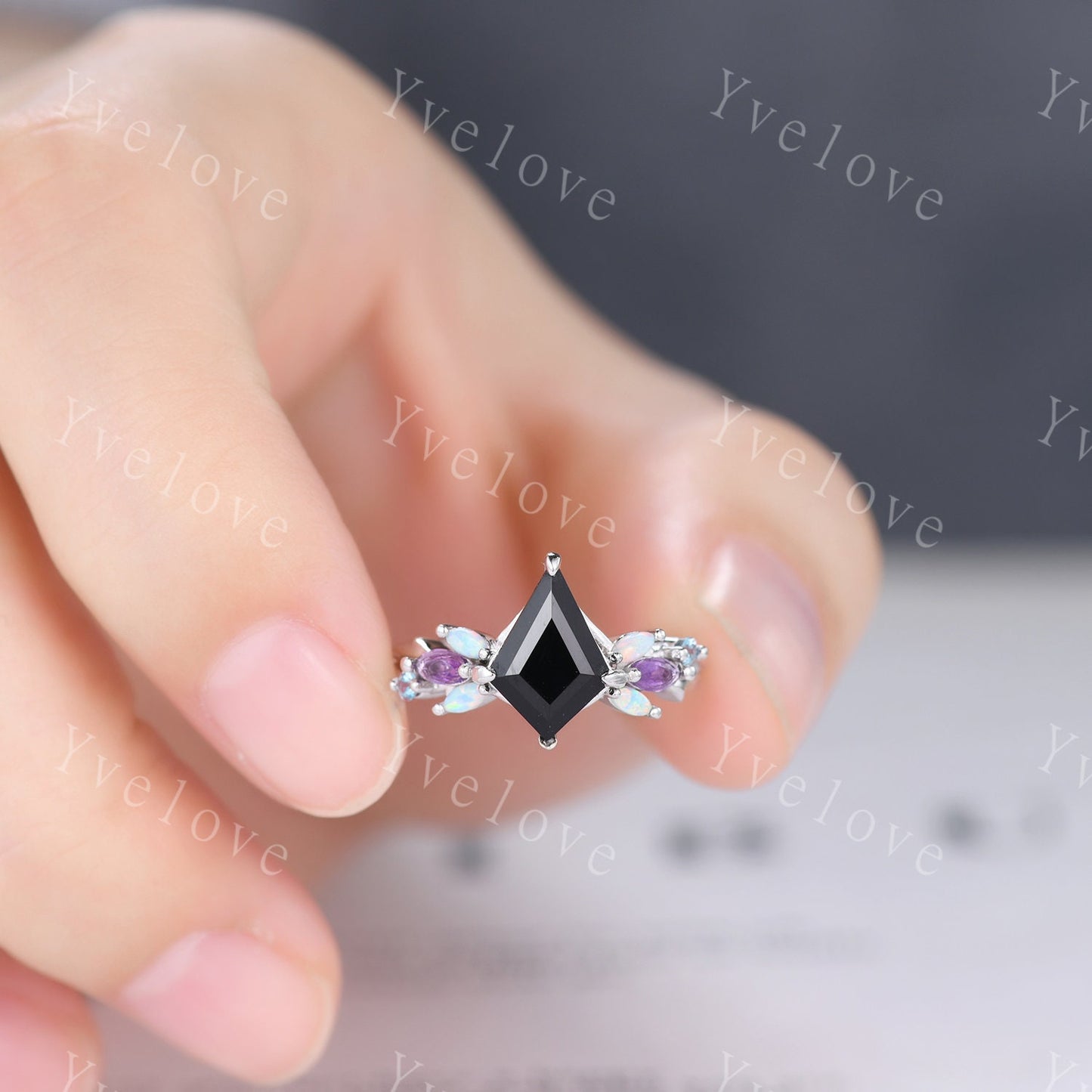 Vintage Kite Black Onyx Engagement Ring Set,Silver Band,Vines Amethyst Opal Ring,Women Bridal Set,Unique Twig Anniversary Promise Ring Gift