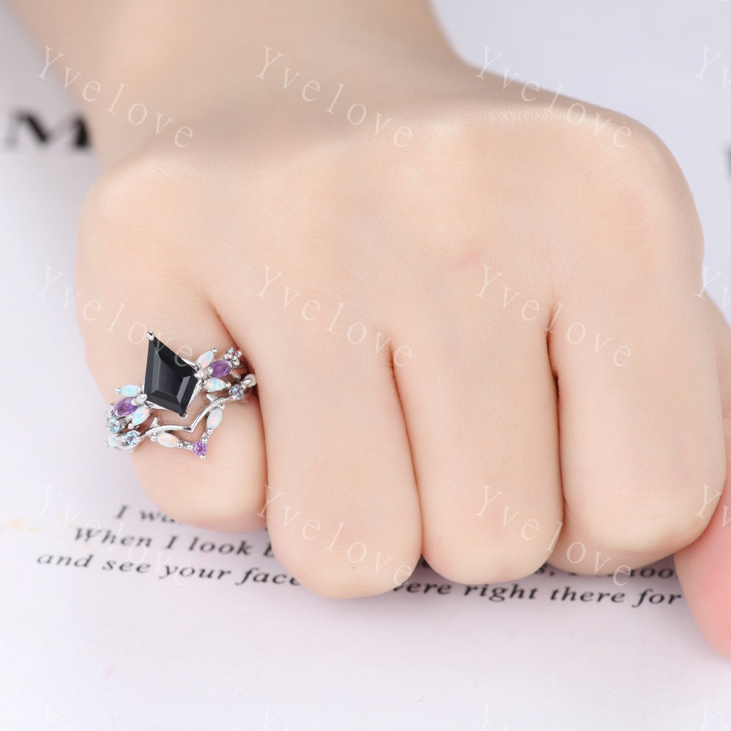 Vintage Kite Black Onyx Engagement Ring Set,Silver Band,Vines Amethyst Opal Ring,Women Bridal Set,Unique Twig Anniversary Promise Ring Gift