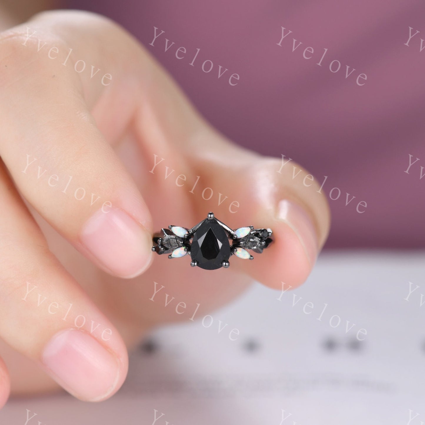 Vintage Pear Black Onyx Engagement Ring,Black Gold,Vines Black Quartz Opal Ring,Women Bridal Set,Unique Twig Anniversary Promise Ring Gift