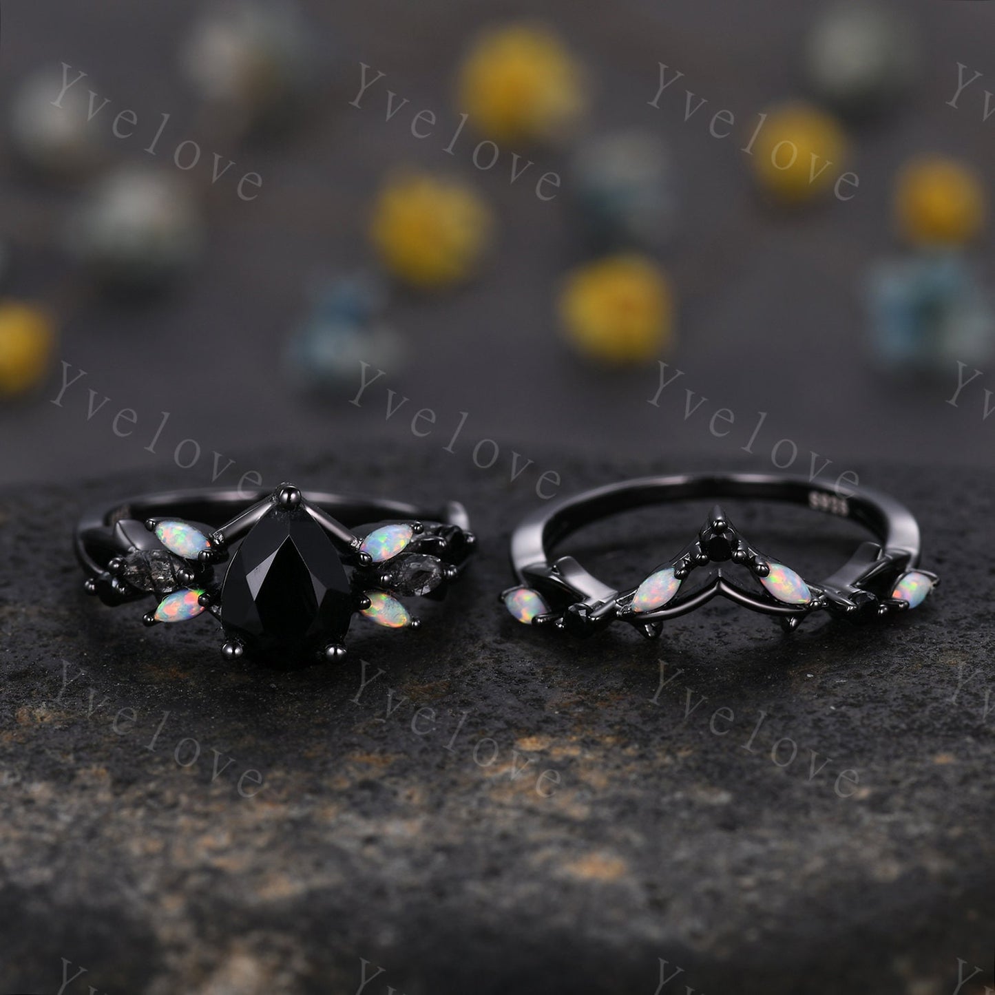 Vintage Pear Black Onyx Engagement Ring,Black Gold,Vines Black Quartz Opal Ring,Women Bridal Set,Unique Twig Anniversary Promise Ring Gift