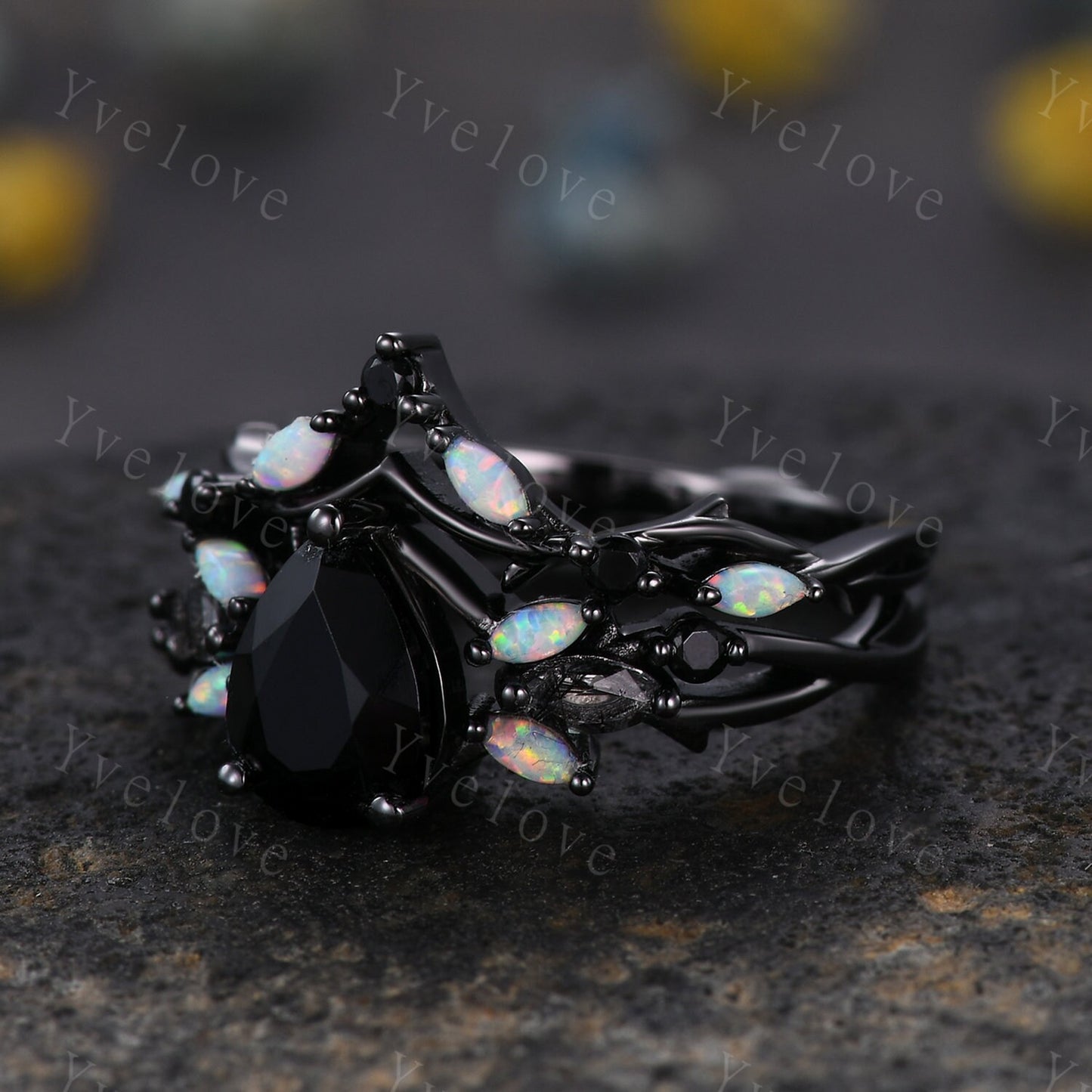 Vintage Pear Black Onyx Engagement Ring,Black Gold,Vines Black Quartz Opal Ring,Women Bridal Set,Unique Twig Anniversary Promise Ring Gift