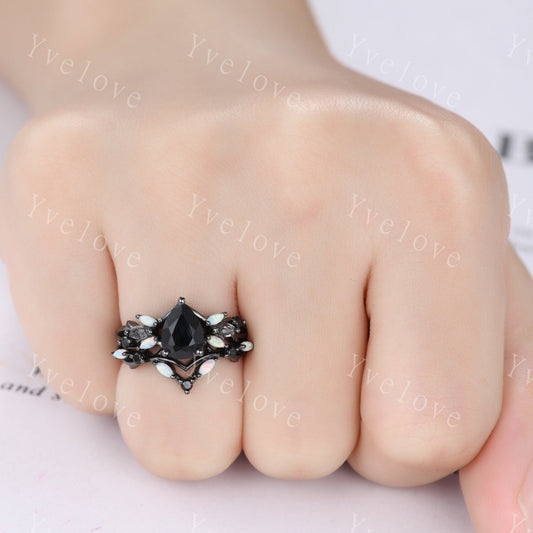 Vintage Pear Black Onyx Engagement Ring,Black Gold,Vines Black Quartz Opal Ring,Women Bridal Set,Unique Twig Anniversary Promise Ring Gift