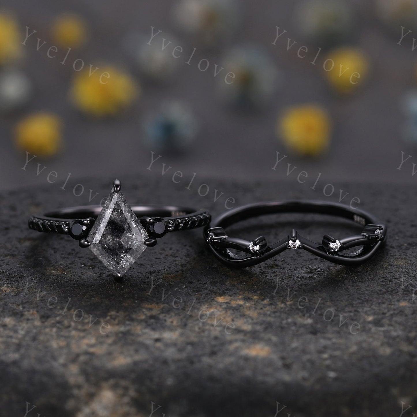 Dainty Kite Cut Salt and Pepper Diamond Engagement Ring Set Antique Black Gold Ring Black Spinel Gems Bridal Set Promise Ring Handmade Gift