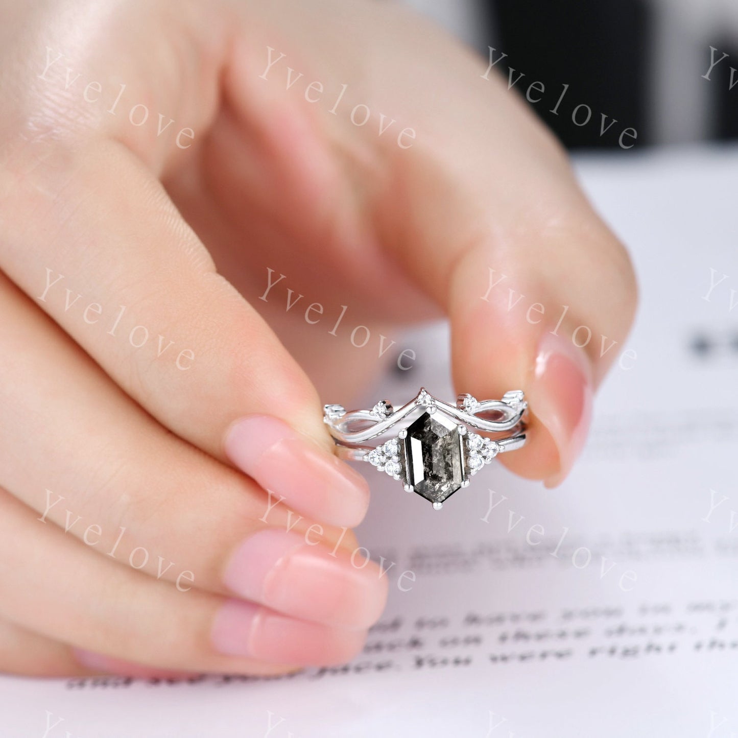 Retro Long hexagon Salt and Pepper Diamond Ring,Vintage Gray Diamond Ring,Unique Engagement Ring,Promise Ring,Anniversary Ring Gift For Her