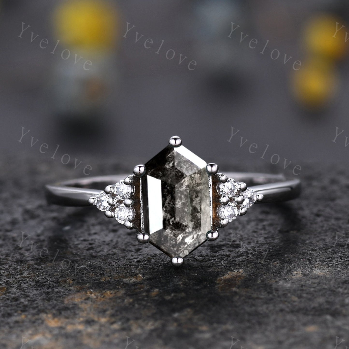 Retro Long hexagon Salt and Pepper Diamond Ring,Vintage Diamond Ring Set,Unique Engagement Ring,Promise Ring,Anniversary Ring Gift For Her