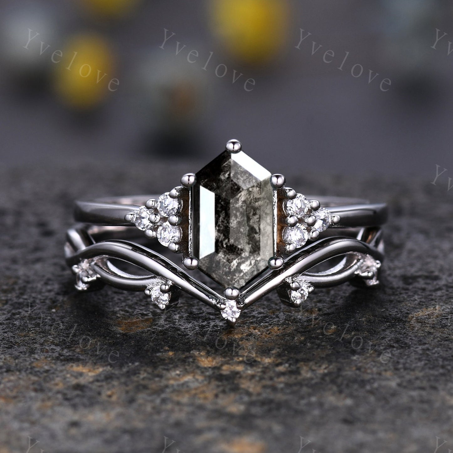 Retro Long hexagon Salt and Pepper Diamond Ring,Vintage Gray Diamond Ring,Unique Engagement Ring,Promise Ring,Anniversary Ring Gift For Her