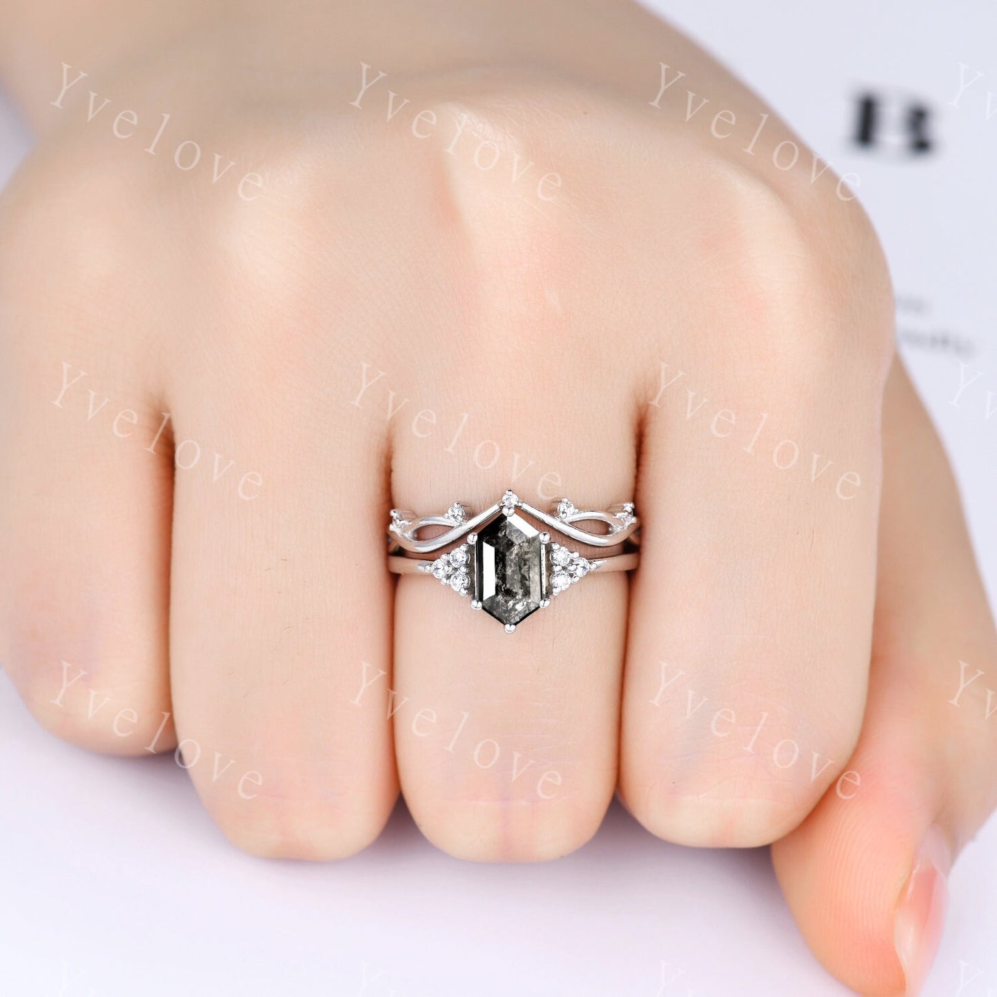 Retro Long hexagon Salt and Pepper Diamond Ring,Vintage Gray Diamond Ring,Unique Engagement Ring,Promise Ring,Anniversary Ring Gift For Her