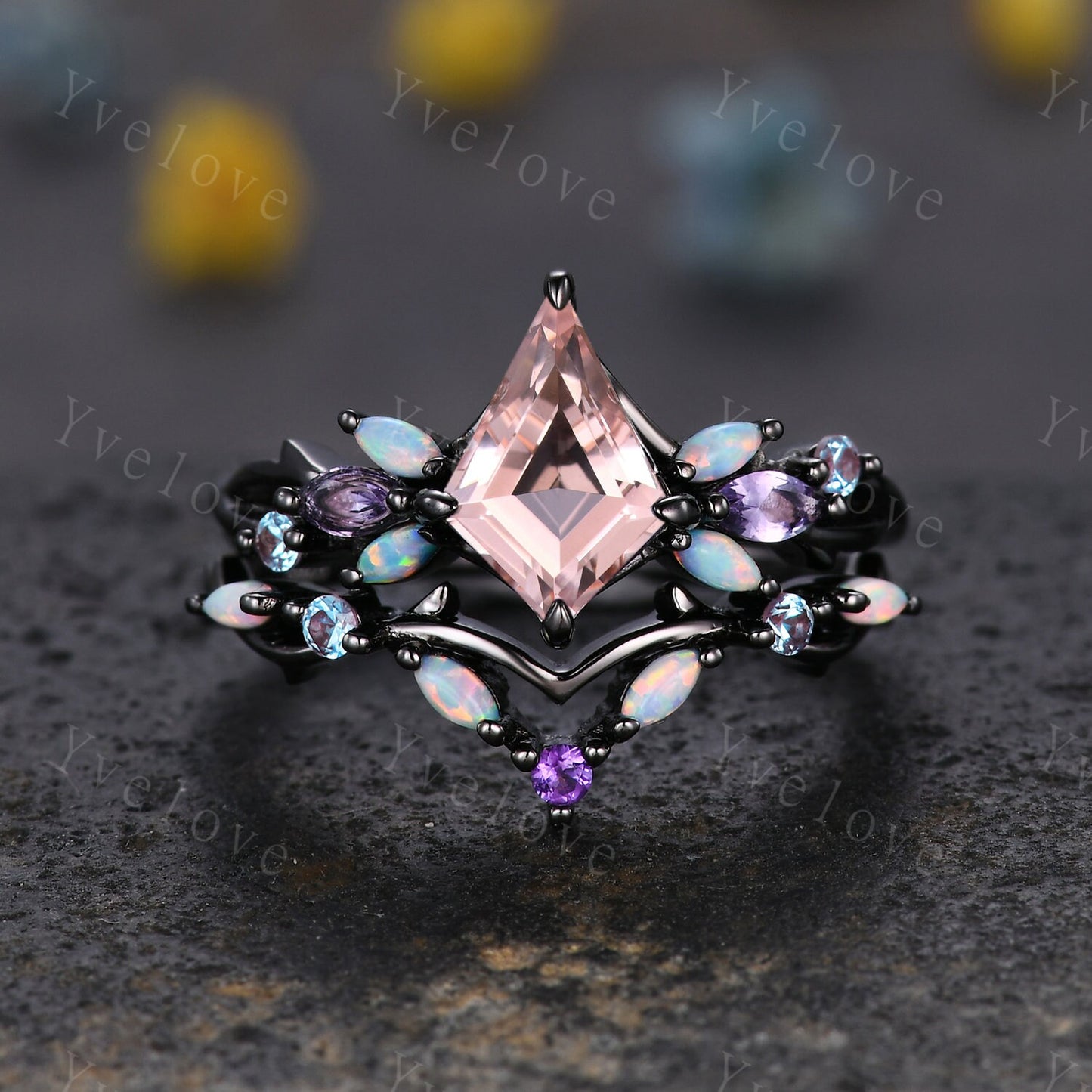 Vintage Kite Morganite Engagement Ring Set,Black Gold,Vines Amethyst Opal Ring,Women Bridal Set,Unique Twig Anniversary Promise Ring Gift