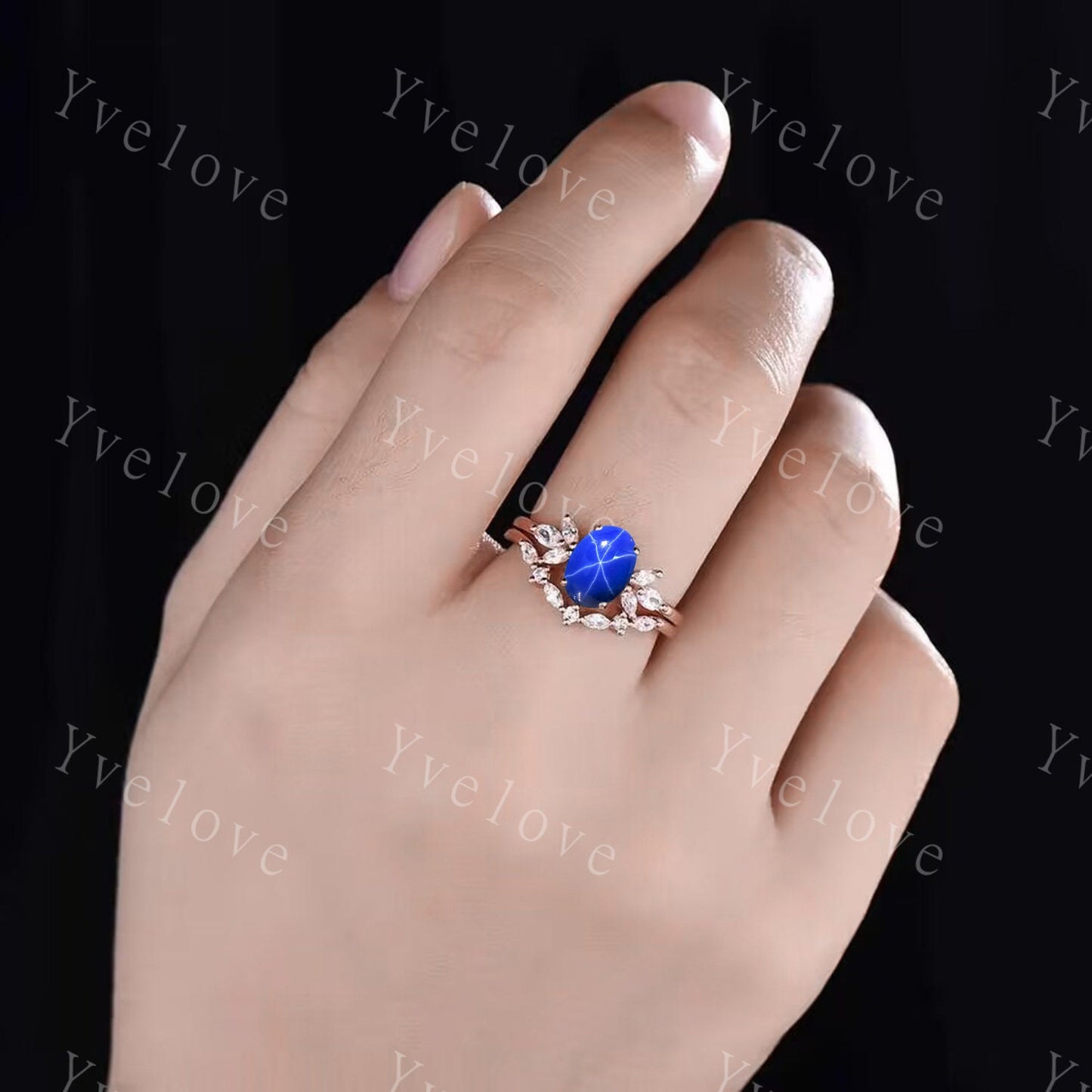 Star Sapphire Engagement Ring Set Women Stacking Matching Band Diamond Moissanite Eternity Ring Unique Vintage Floral Design Promise Gift