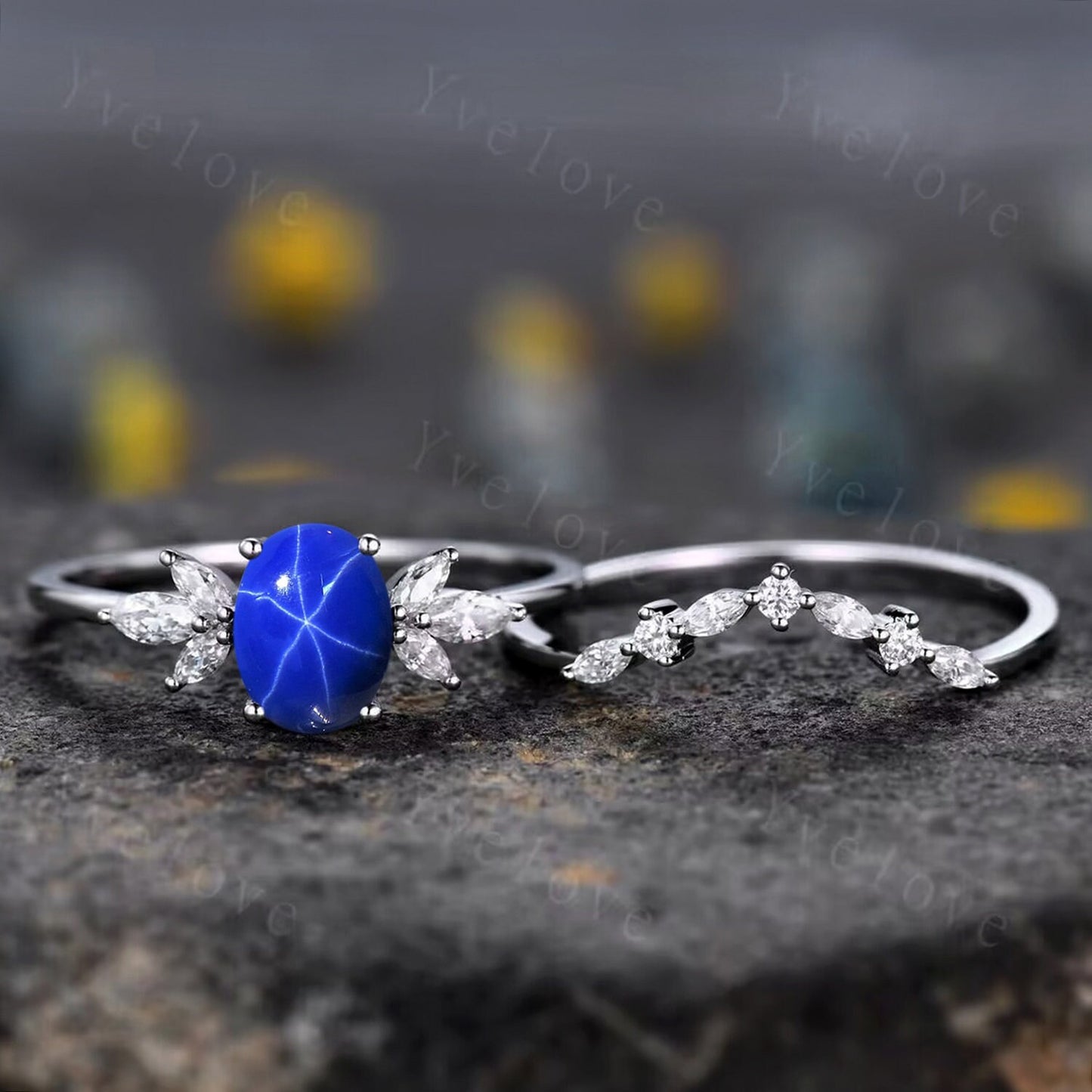 Star Sapphire Engagement Ring Set Women Stacking Matching Band Diamond Moissanite Eternity Ring Unique Vintage Floral Design Promise Gift