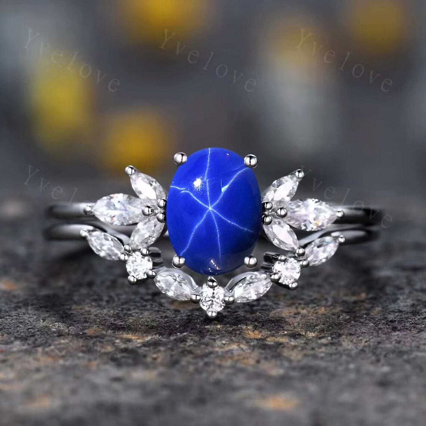 Star Sapphire Engagement Ring Set Women Stacking Matching Band Diamond Moissanite Eternity Ring Unique Vintage Floral Design Promise Gift