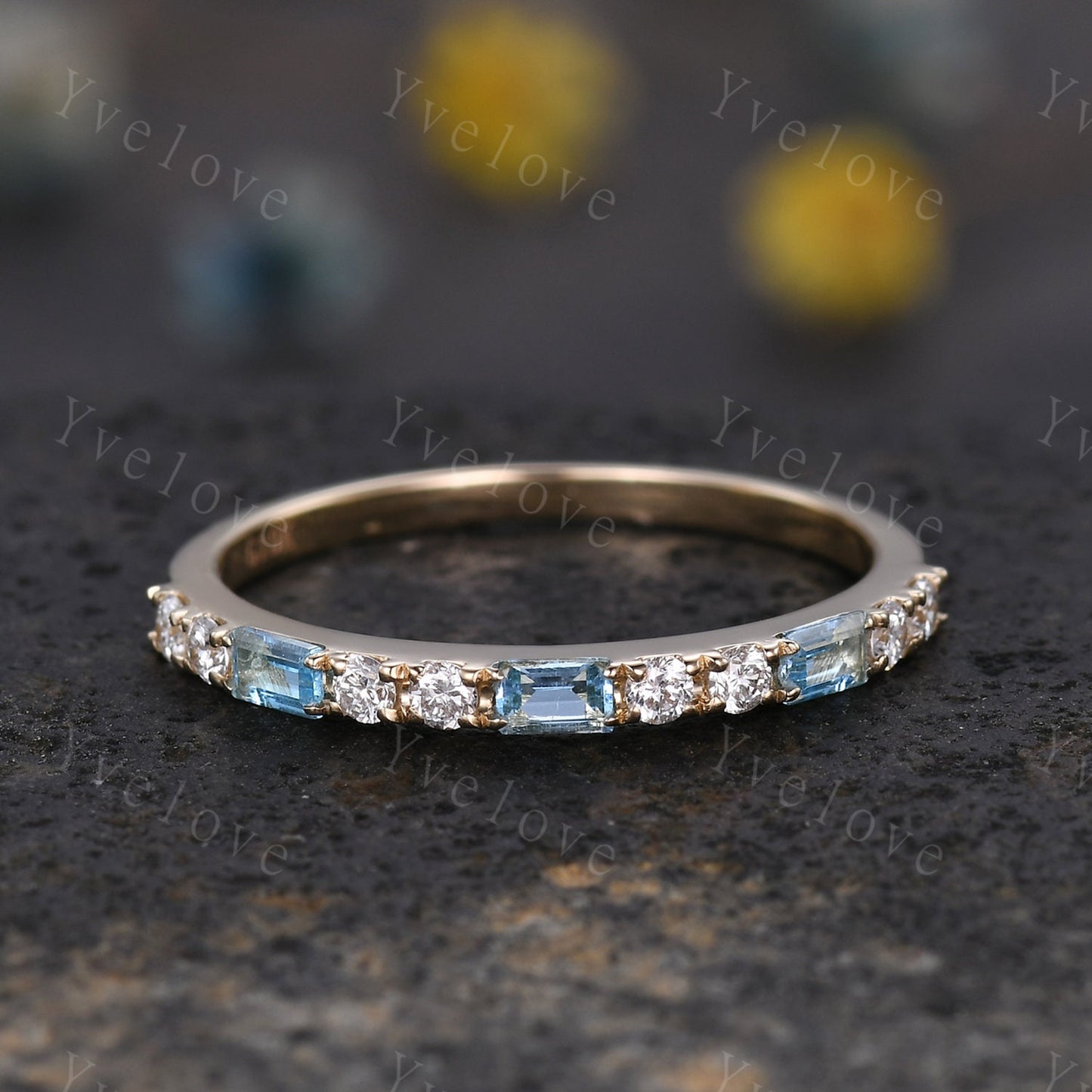Baguette Cut Blue Topaz and Diamond Wedding Ring  Half Eternity Band Stacking Match Ring 14K Solid Gold Anniversary Gift For Her Customized