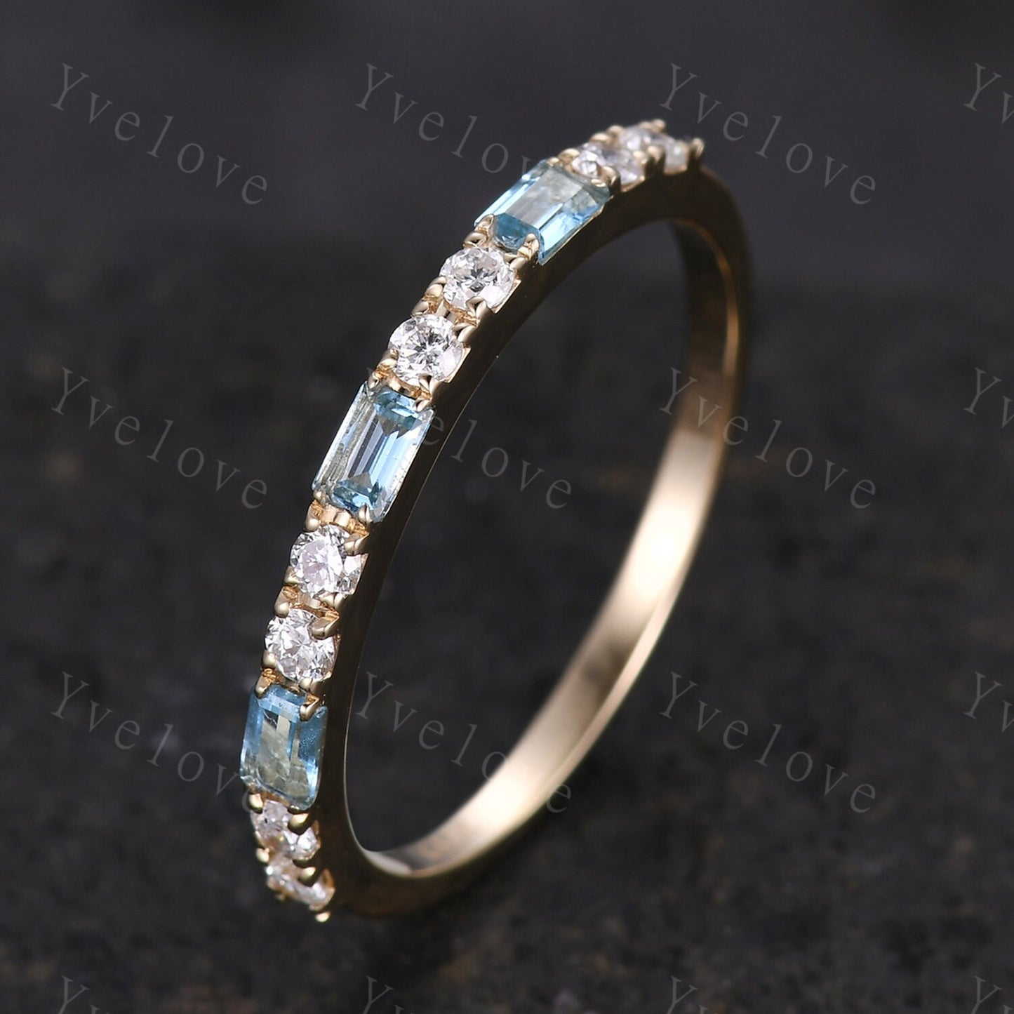 Baguette Cut Blue Topaz and Diamond Wedding Ring  Half Eternity Band Stacking Match Ring 14K Solid Gold Anniversary Gift For Her Customized