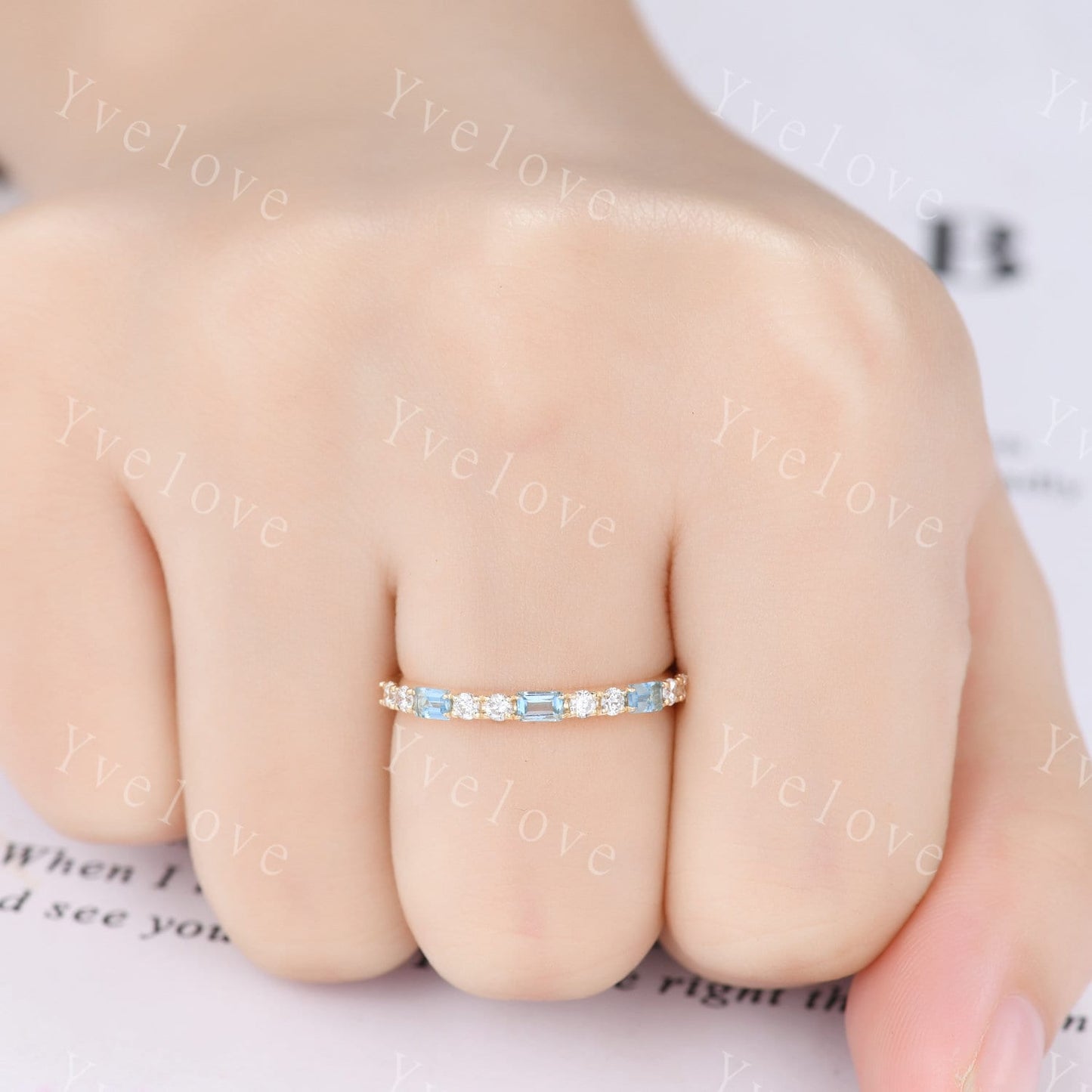 Baguette Cut Blue Topaz and Diamond Wedding Ring  Half Eternity Band Stacking Match Ring 14K Solid Gold Anniversary Gift For Her Customized