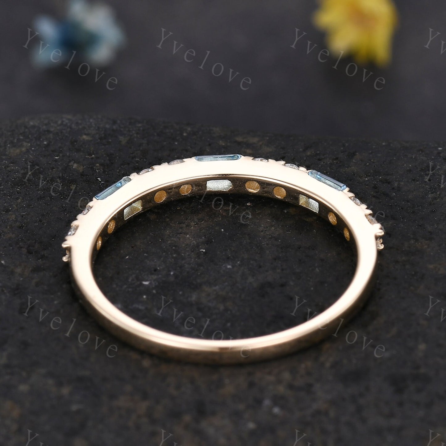 Baguette Cut Blue Topaz and Diamond Wedding Ring  Half Eternity Band Stacking Match Ring 14K Solid Gold Anniversary Gift For Her Customized