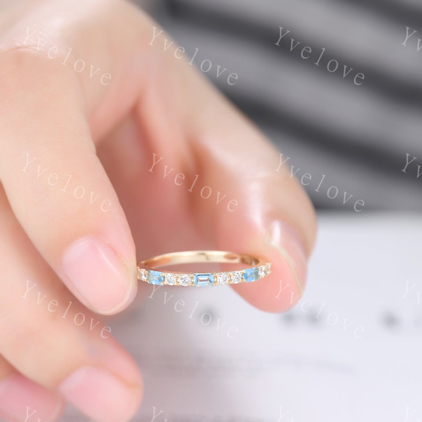 Baguette Cut Blue Topaz and Diamond Wedding Ring  Half Eternity Band Stacking Match Ring 14K Solid Gold Anniversary Gift For Her Customized