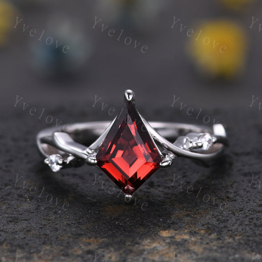 Unique Kite Shaped Red Garnet Engagement Ring,Twisted Ring,Garnet Wedding Band Diamond Bridal Ring,Dainty Twig Promise Ring Anniversary Gift