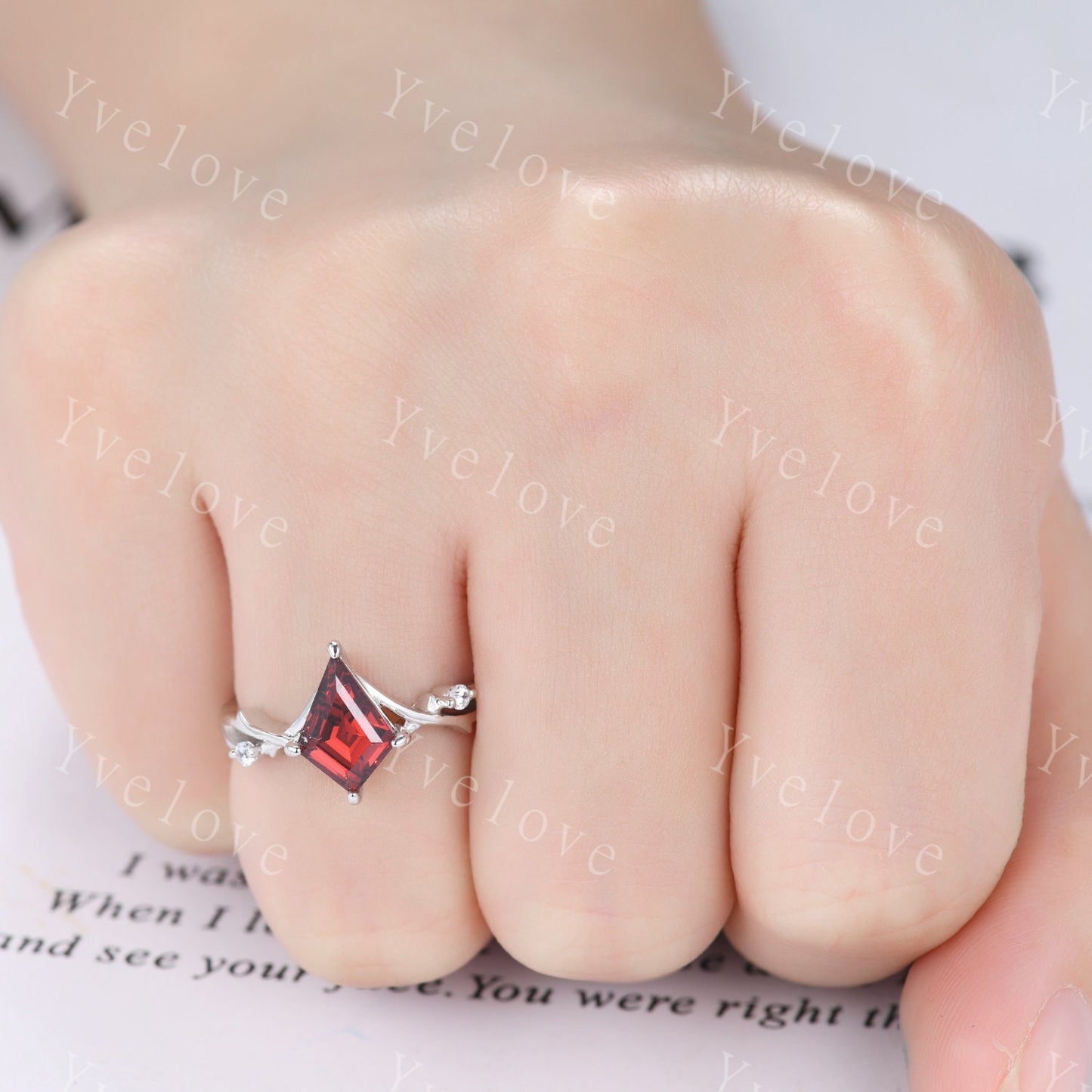 Unique Kite Shaped Red Garnet Engagement Ring,Twisted Ring,Garnet Wedding Band Diamond Bridal Ring,Dainty Twig Promise Ring Anniversary Gift