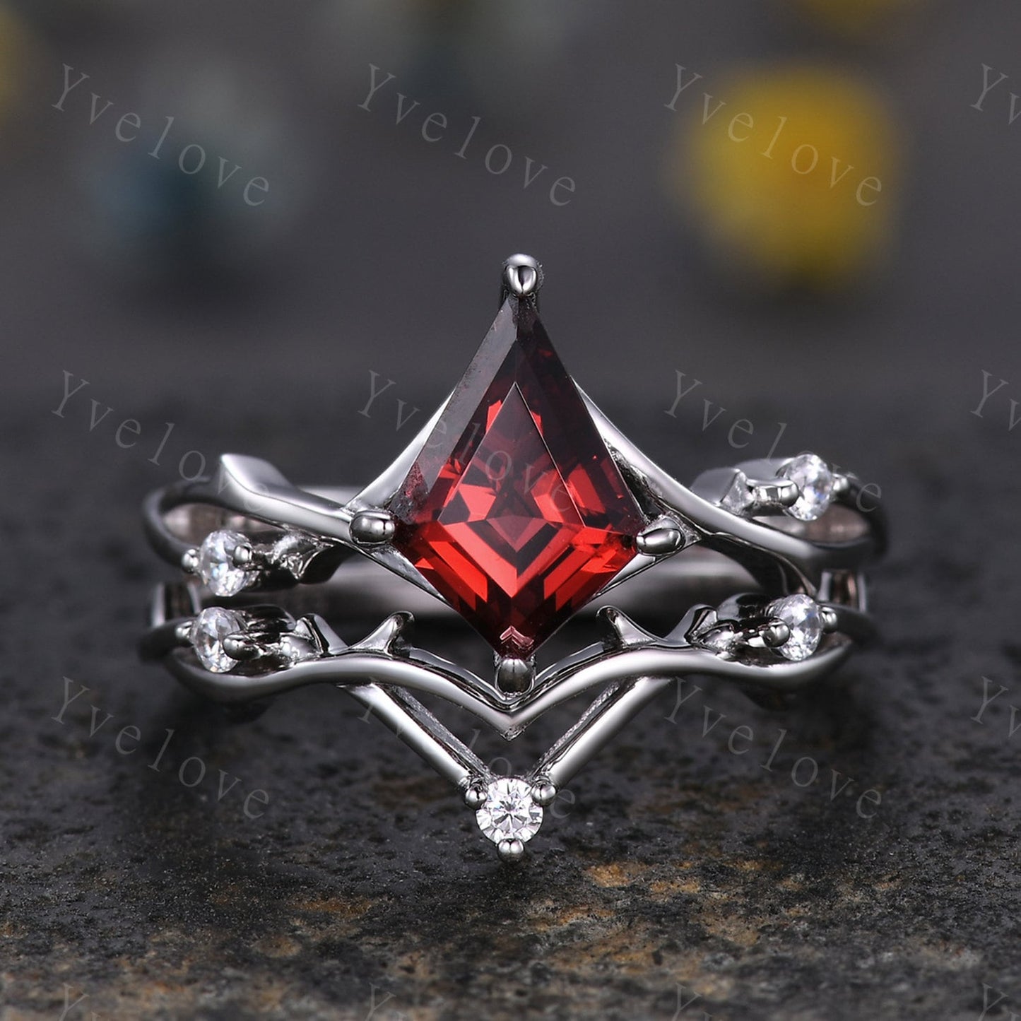 Unique Kite Shaped Red Garnet Engagement Ring,Twisted Ring,Garnet Wedding Band Diamond Bridal Ring,Dainty Twig Promise Ring Anniversary Gift