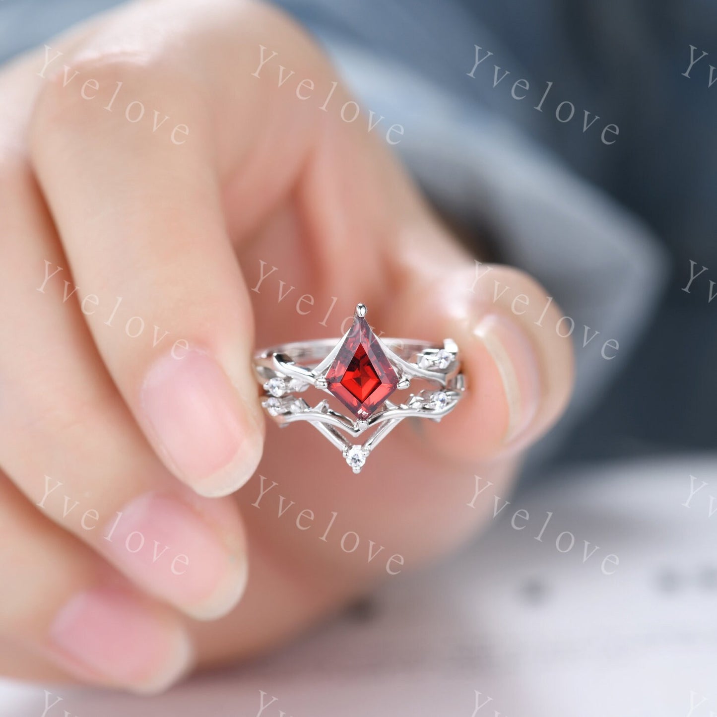Unique Kite Shaped Red Garnet Engagement Ring,Twisted Ring,Garnet Wedding Band Diamond Bridal Ring,Dainty Twig Promise Ring Anniversary Gift