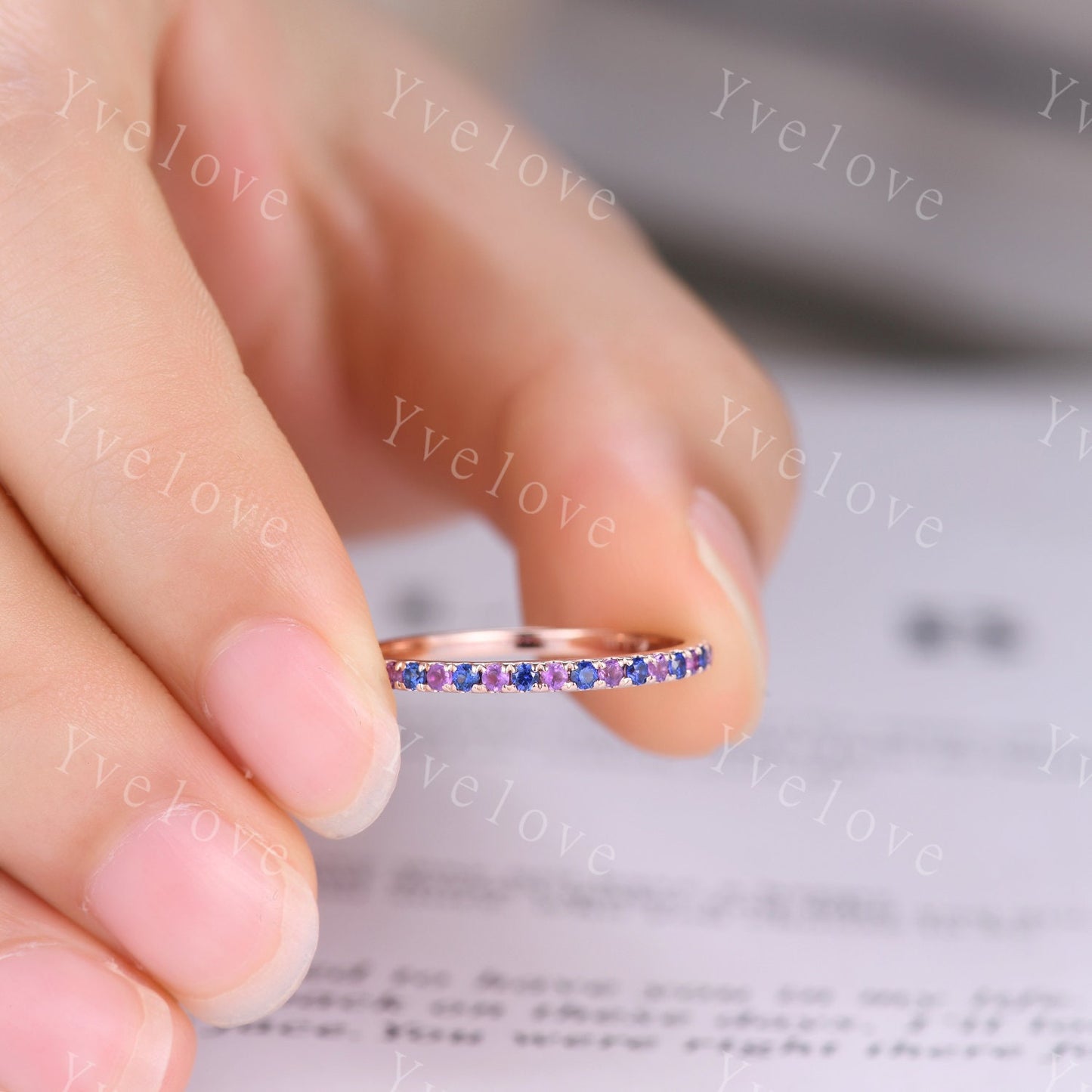 Amethyst sapphire band art deco sapphire ring 14k rose gold amethyst stacking matching band February birthstone promise bridal ring custom