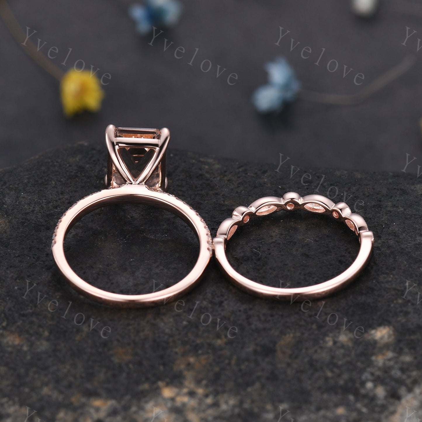 Morganite ring set emerald cut pink morganite engagement ring half eternity band diamond stacking matching ring 14k rose gold bridal  gift