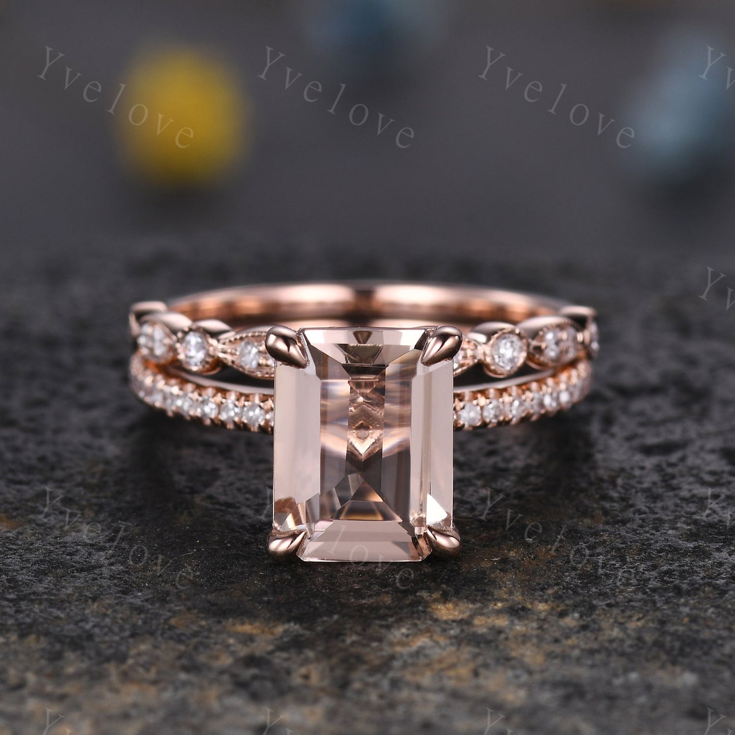 Morganite ring set emerald cut pink morganite engagement ring half eternity band diamond stacking matching ring 14k rose gold bridal  gift