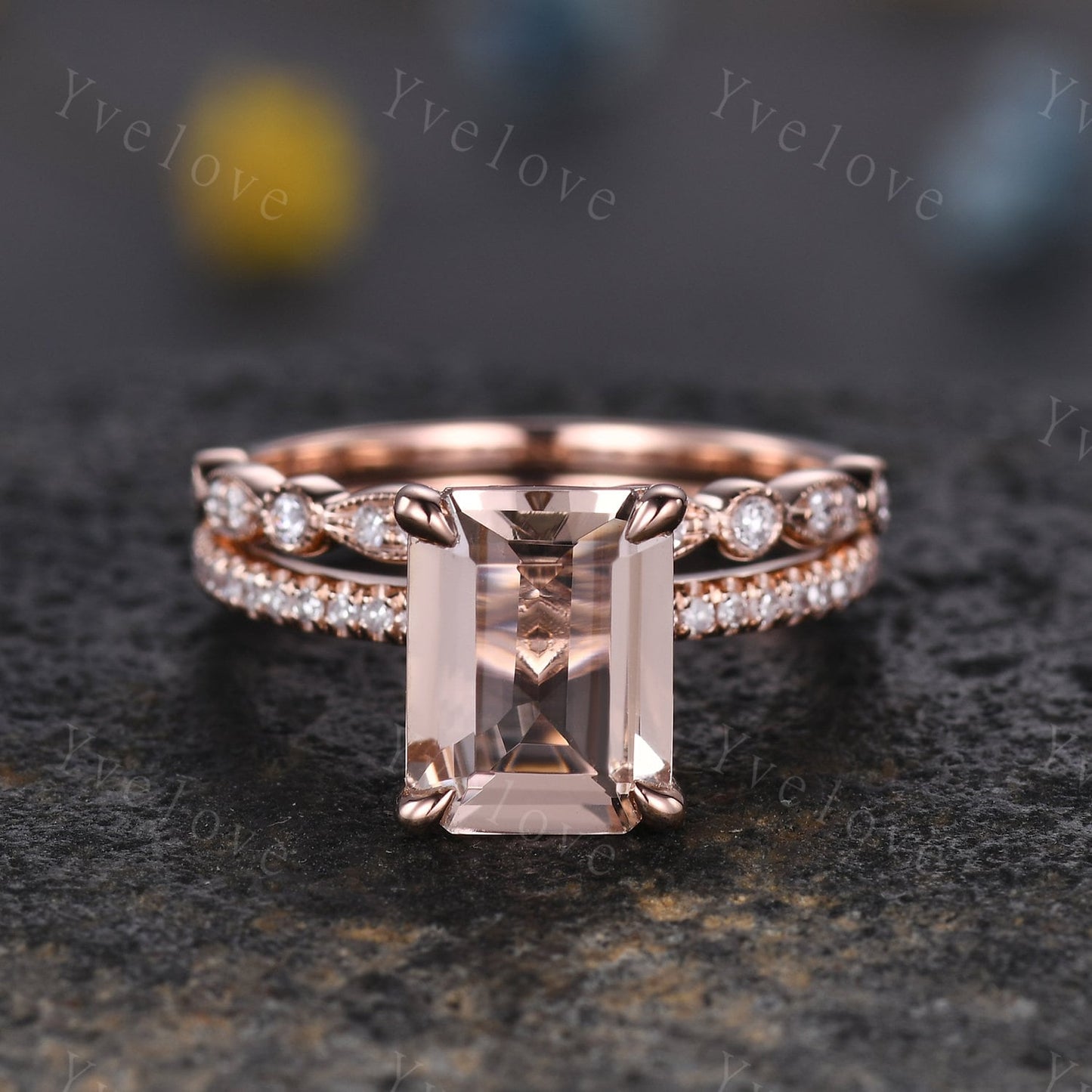 Morganite Engagement Ring 14k Rose Gold Diamond Wedding Band 7x9mm Emerald Cut Pink Morganite Ring Bridal Promise Ring Women Valentine Gift