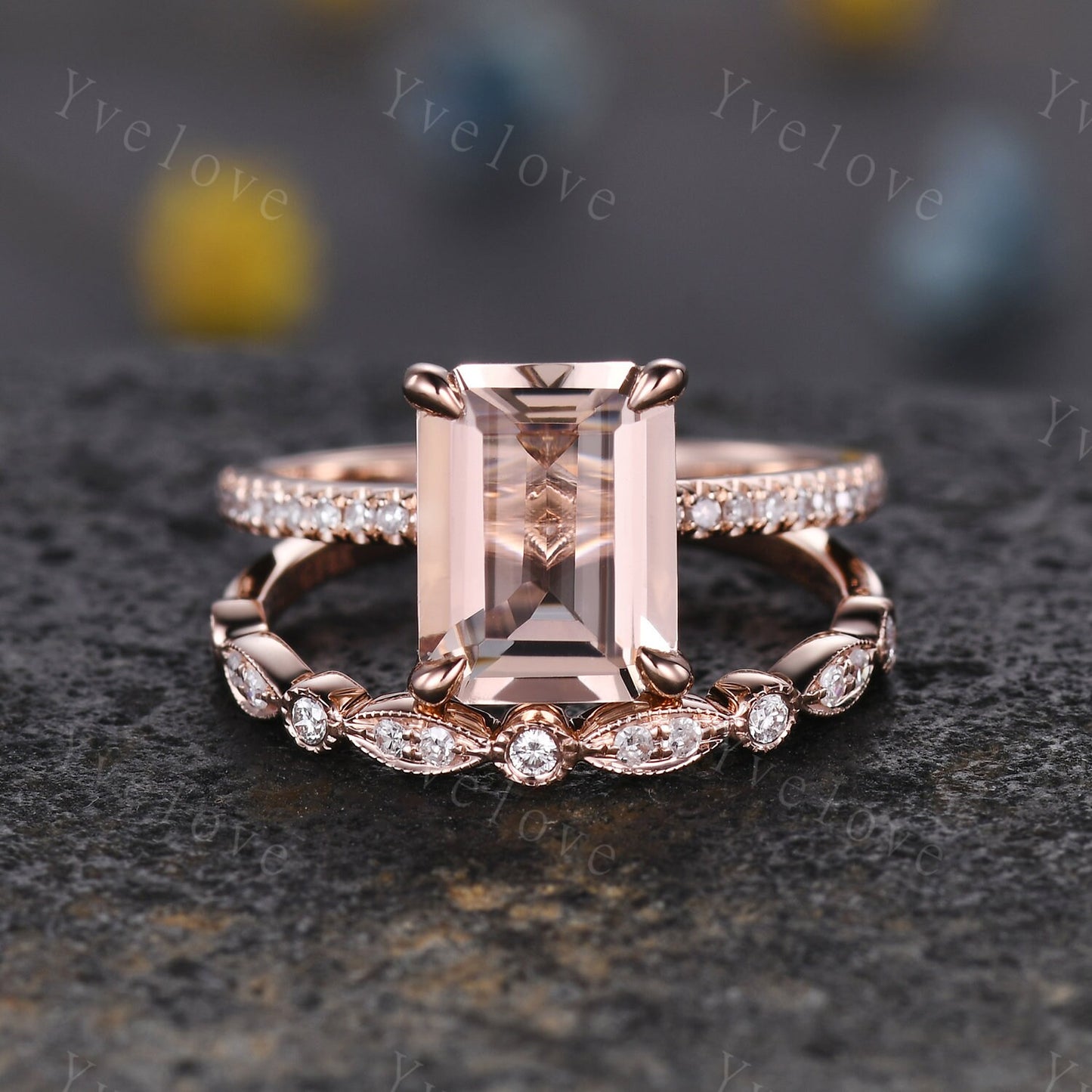 Morganite ring set emerald cut pink morganite engagement ring half eternity band diamond stacking matching ring 14k rose gold bridal  gift