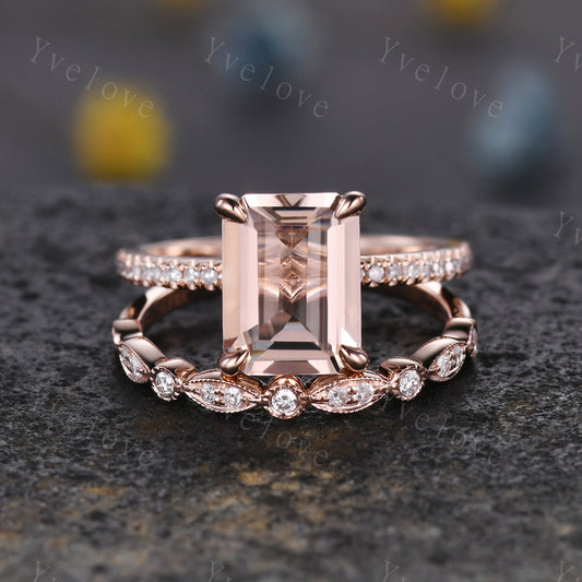 Morganite ring set emerald cut pink morganite engagement ring half eternity band diamond stacking matching ring 14k rose gold bridal  gift