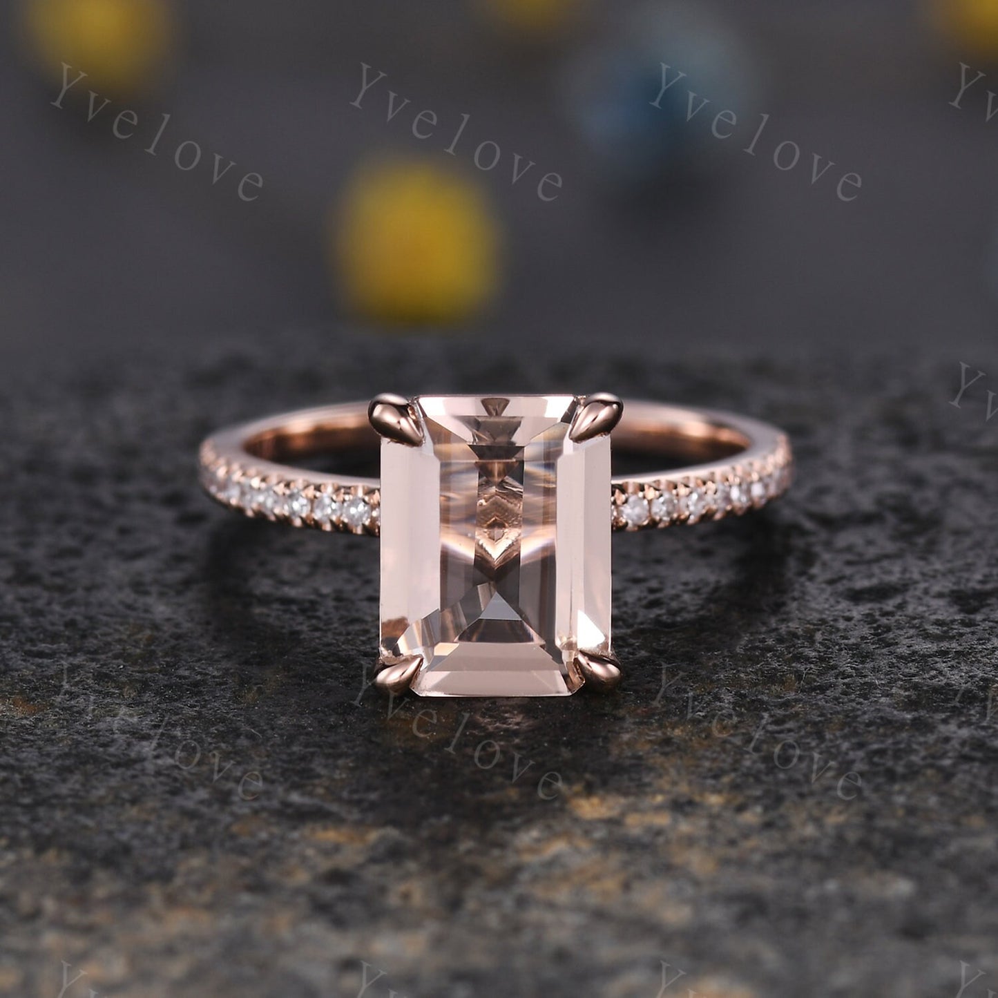 Morganite ring set emerald cut pink morganite engagement ring half eternity band diamond stacking matching ring 14k rose gold bridal  gift