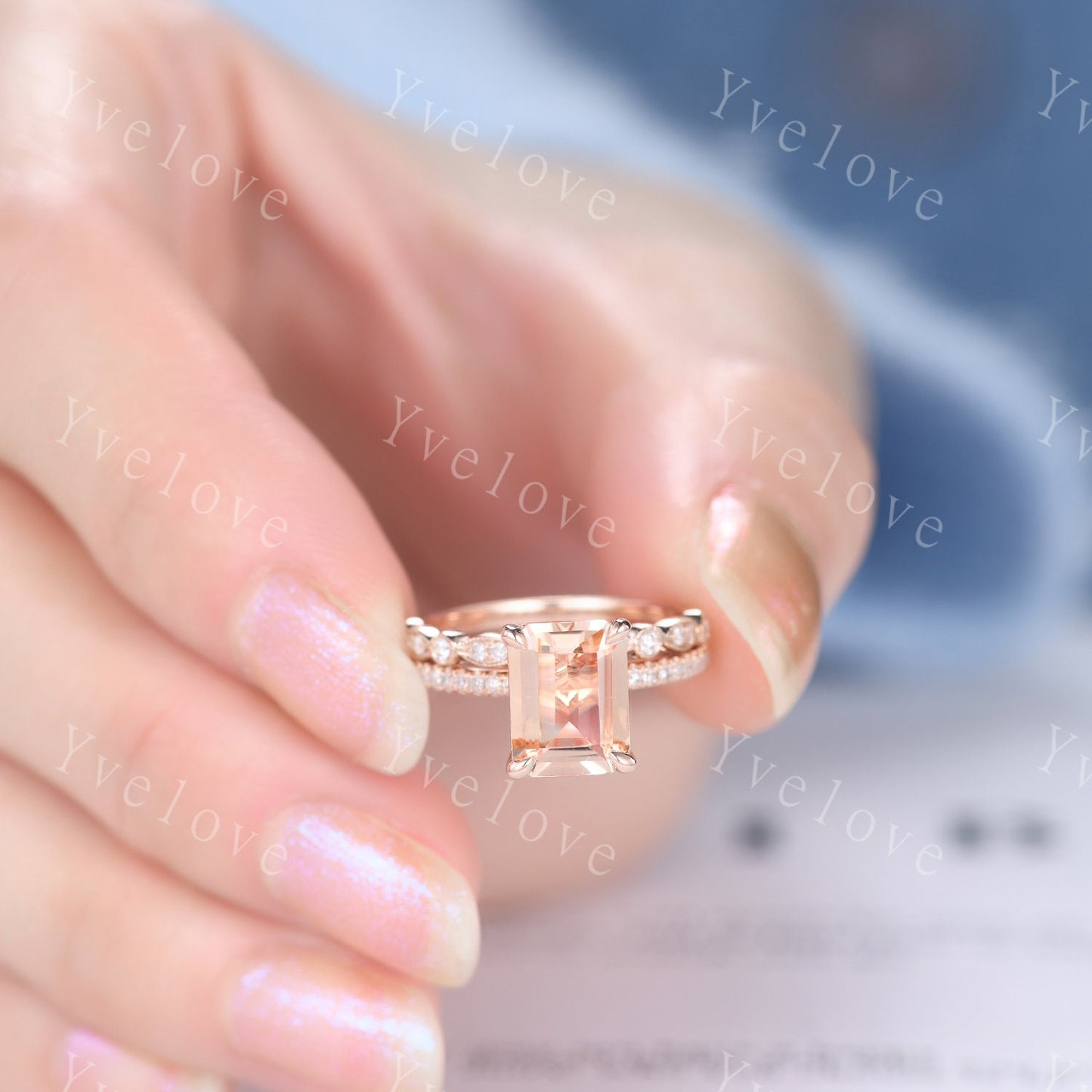 Morganite ring set emerald cut pink morganite engagement ring half eternity band diamond stacking matching ring 14k rose gold bridal  gift