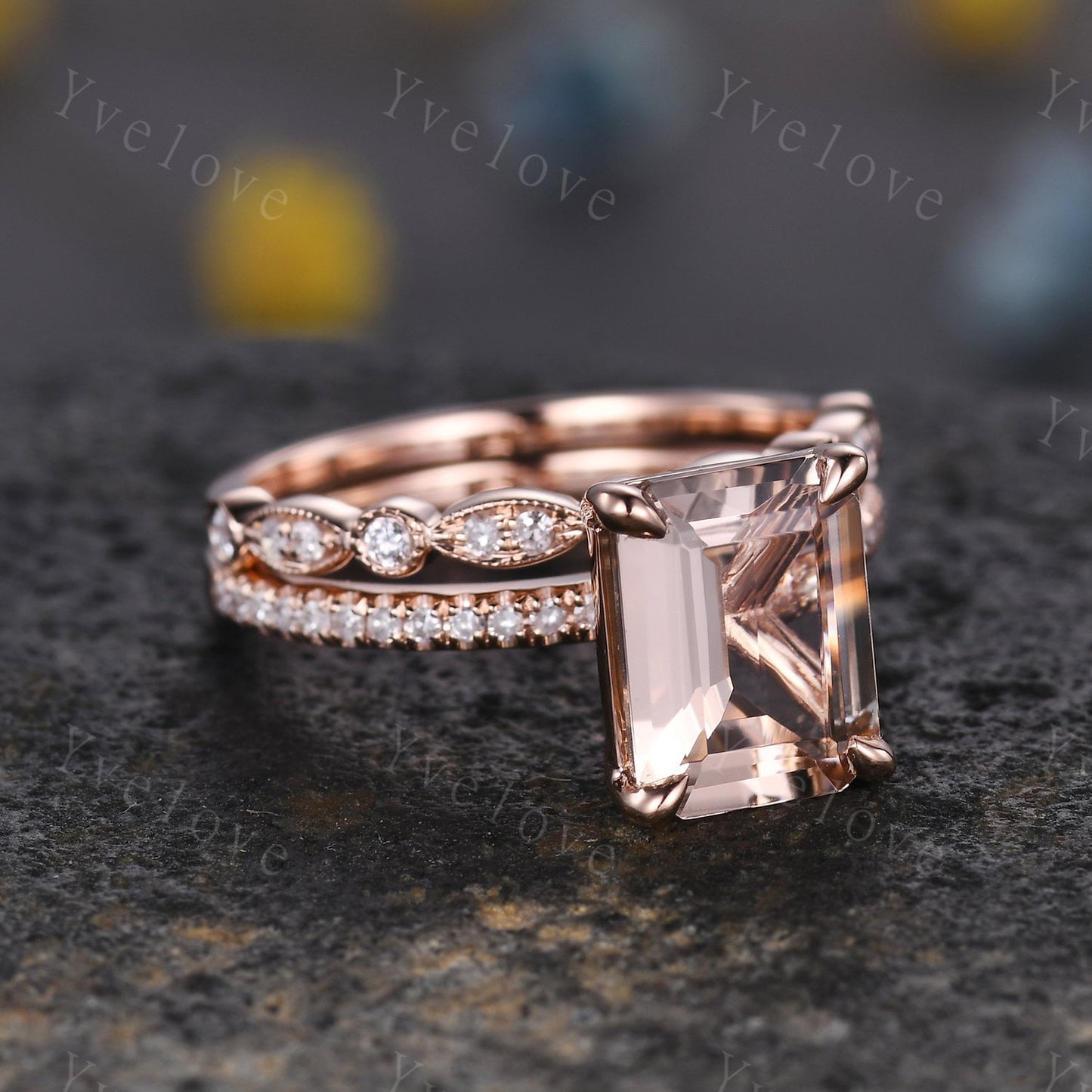 Morganite ring set emerald cut pink morganite engagement ring half eternity band diamond stacking matching ring 14k rose gold bridal  gift