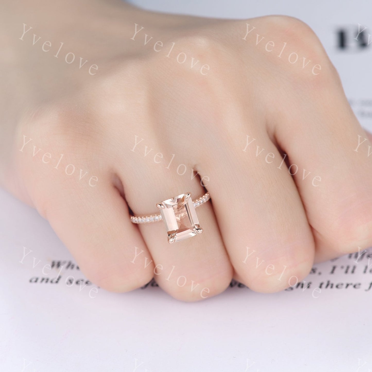 Morganite Engagement Ring 14k Rose Gold Diamond Wedding Band 7x9mm Emerald Cut Pink Morganite Ring Bridal Promise Ring Women Valentine Gift