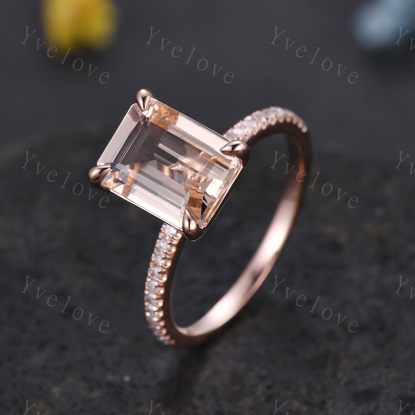 Morganite Engagement Ring 14k Rose Gold Diamond Wedding Band 7x9mm Emerald Cut Pink Morganite Ring Bridal Promise Ring Women Valentine Gift