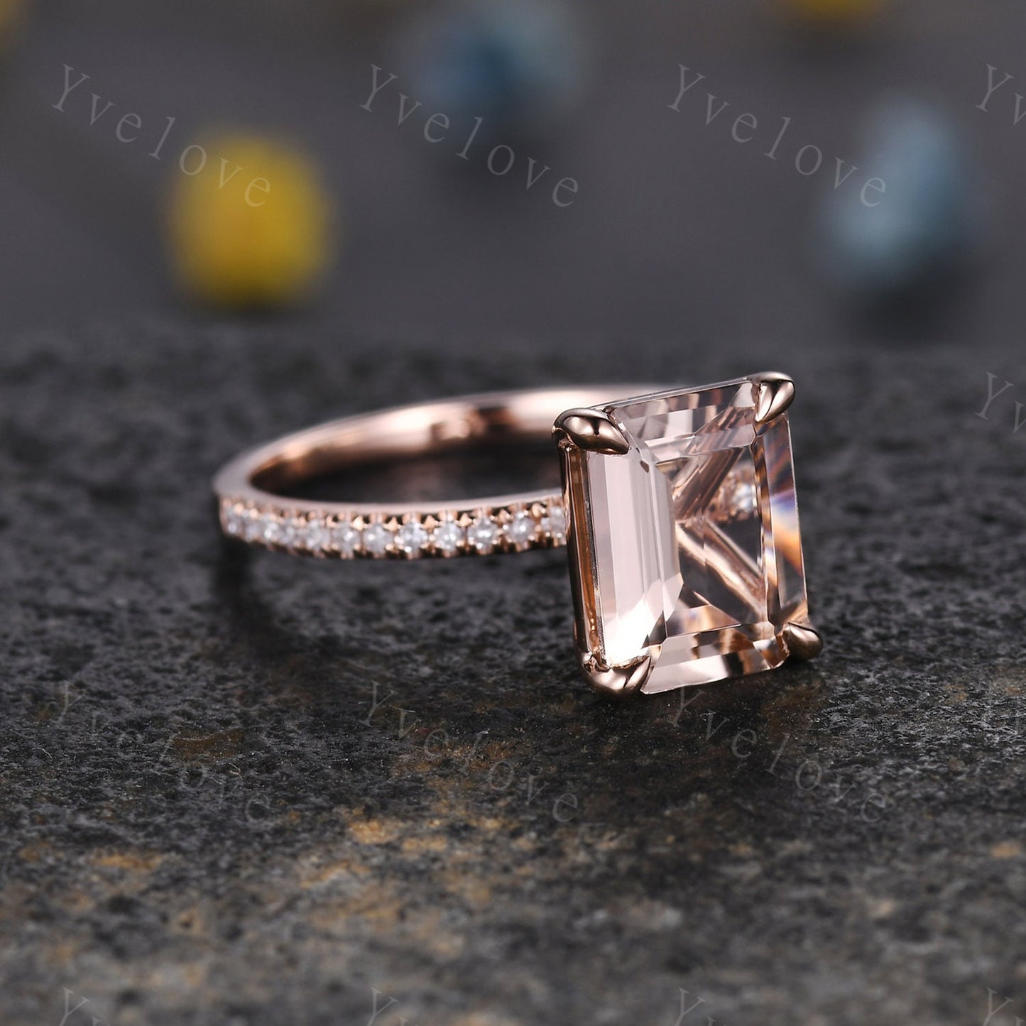 Morganite Engagement Ring 14k Rose Gold Diamond Wedding Band 7x9mm Emerald Cut Pink Morganite Ring Bridal Promise Ring Women Valentine Gift