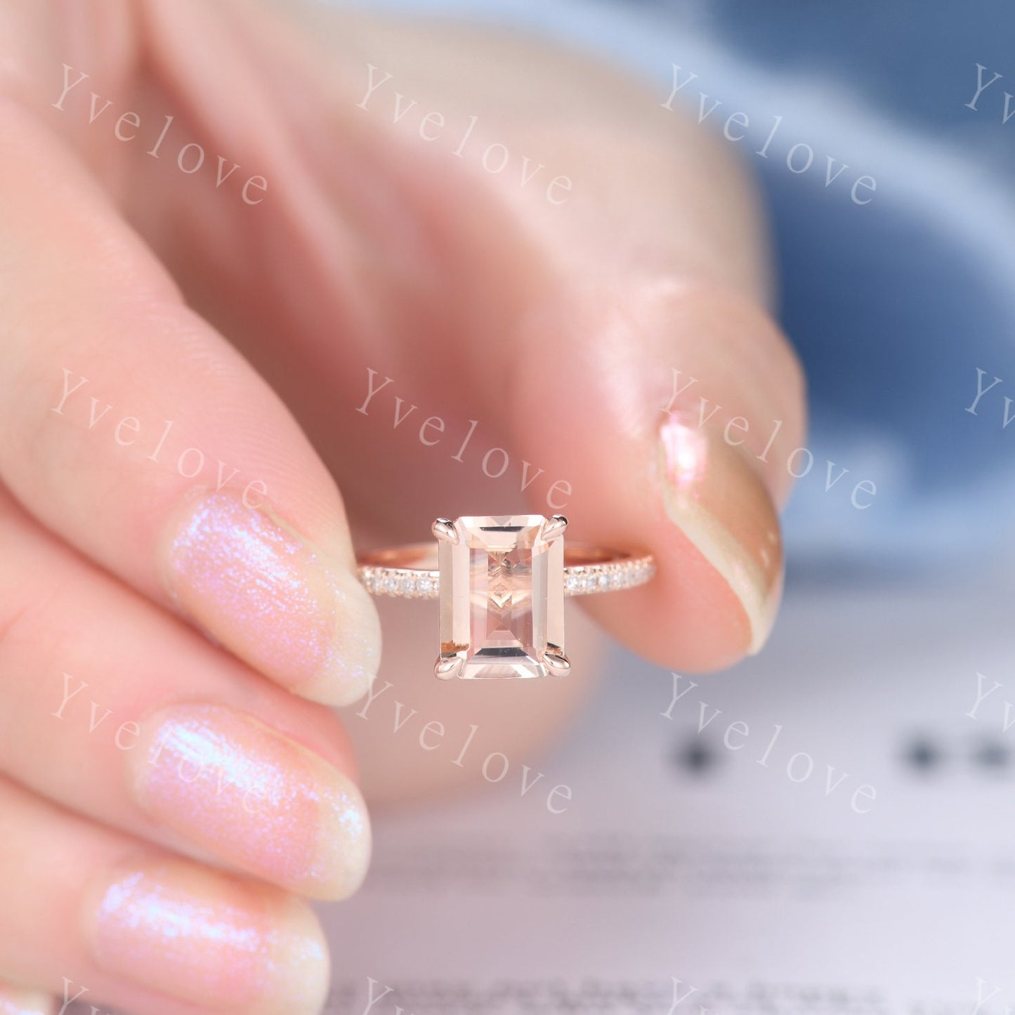 Morganite Engagement Ring 14k Rose Gold Diamond Wedding Band 7x9mm Emerald Cut Pink Morganite Ring Bridal Promise Ring Women Valentine Gift