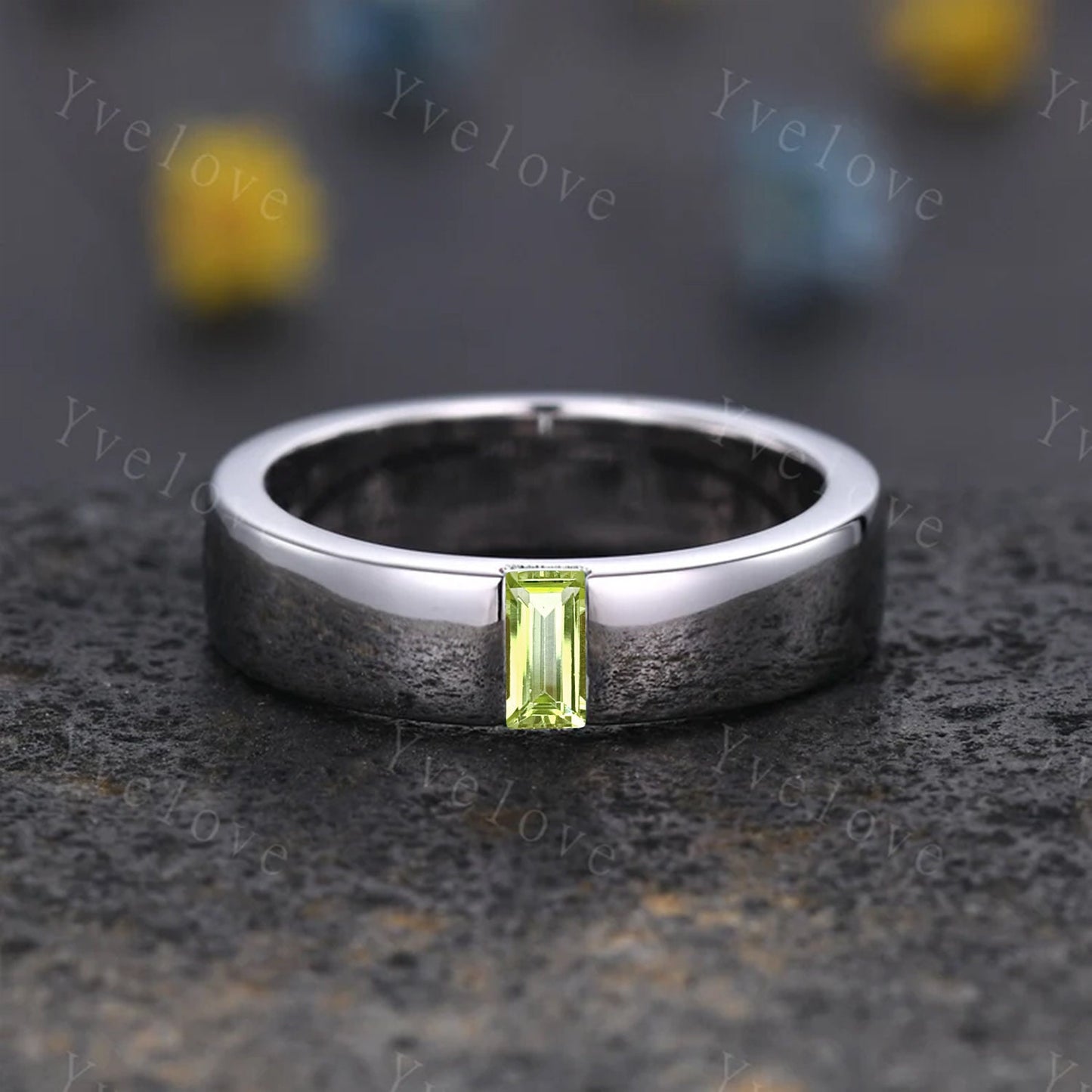 Mens Peridot Wedding Band Baguette Shaped Peridot Band 5mm Solid White Gold Ring Mens Stacking Matching Band Retro Vintage Ring Gift Custom