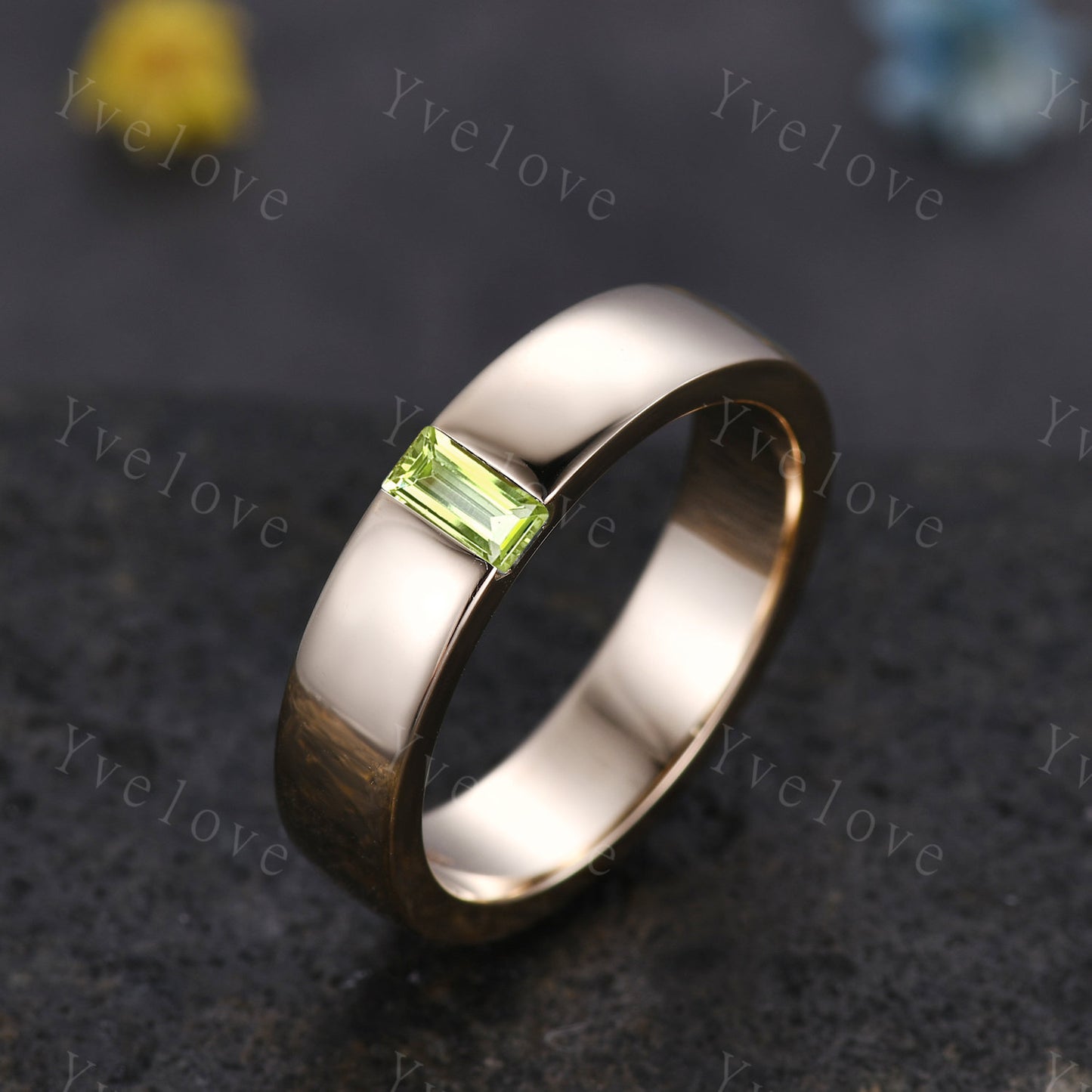 Mens Peridot Wedding Band Baguette Shaped Peridot Band 5mm Solid White Gold Ring Mens Stacking Matching Band Retro Vintage Ring Gift Custom