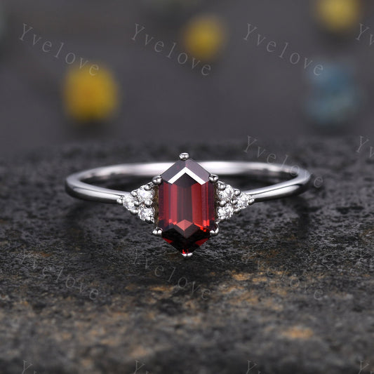 Retro Long hexagon Garnet Ring,Vintage Sterling Silver Ring,Unique Red Garnet Engagement Ring,Promise Ring,January birthday Gift For Her