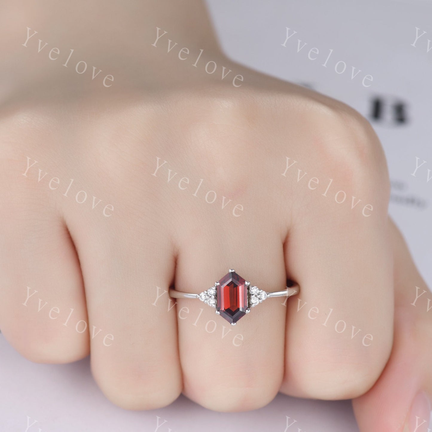 Retro Long hexagon Garnet Ring,Vintage Sterling Silver Ring Set,Unique Red Garnet Engagement Ring,Promise Ring,Anniversary Ring Gift For Her
