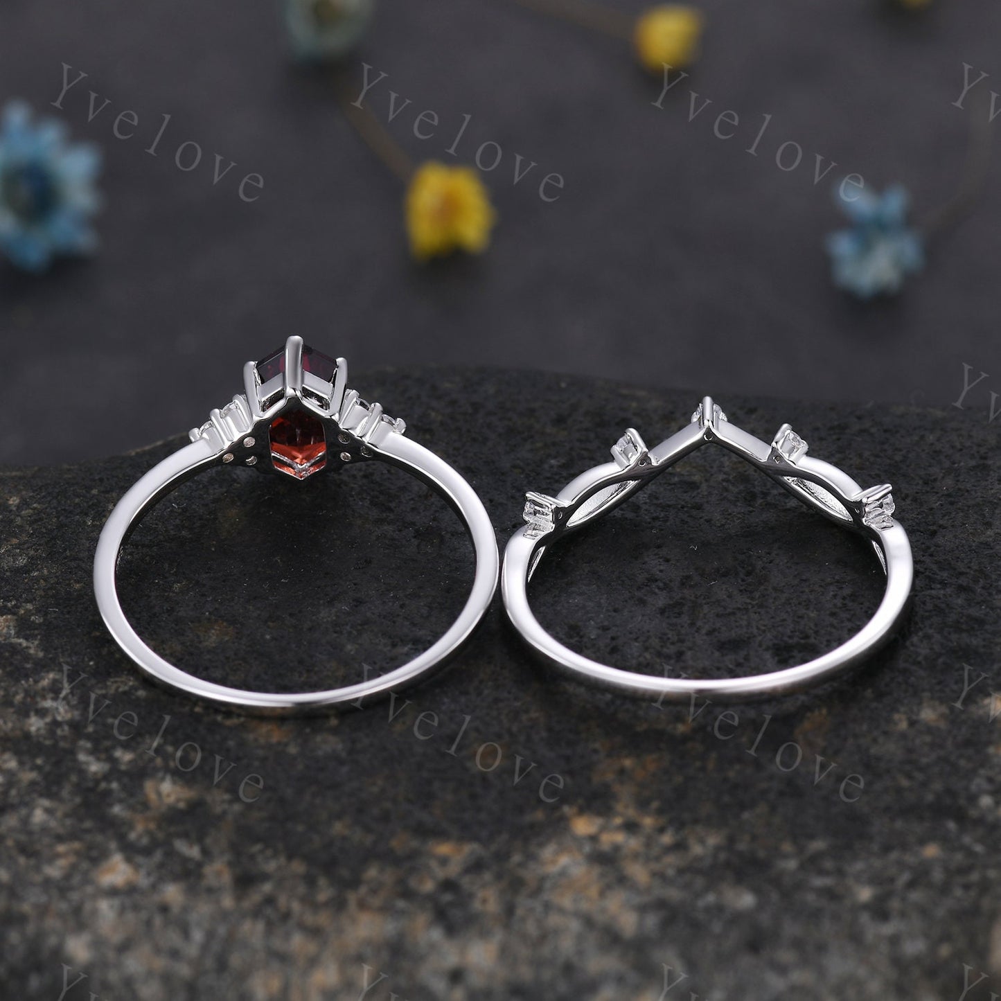 Retro Long hexagon Garnet Ring,Vintage Sterling Silver Ring Set,Unique Red Garnet Engagement Ring,Promise Ring,Anniversary Ring Gift For Her