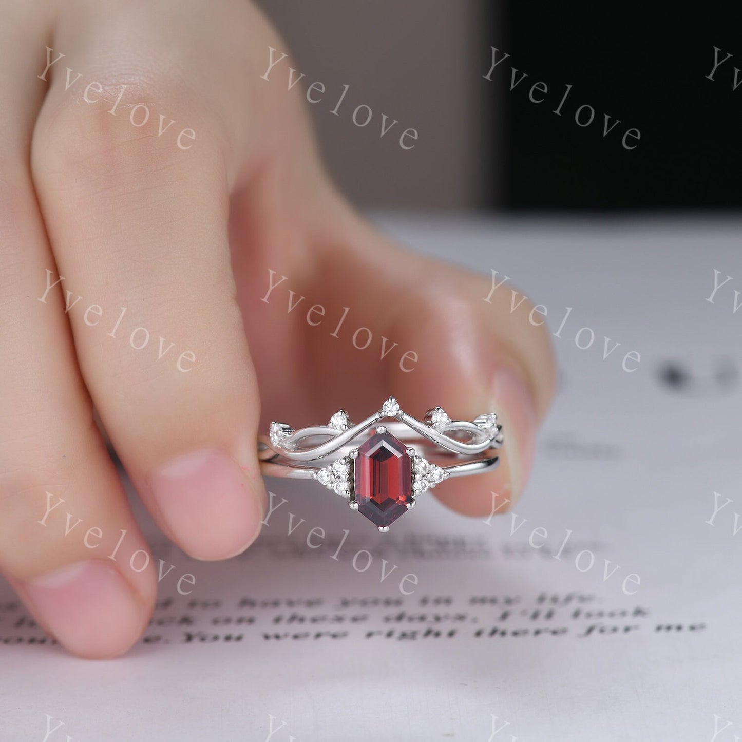Retro Long hexagon Garnet Ring,Vintage Sterling Silver Ring Set,Unique Red Garnet Engagement Ring,Promise Ring,Anniversary Ring Gift For Her