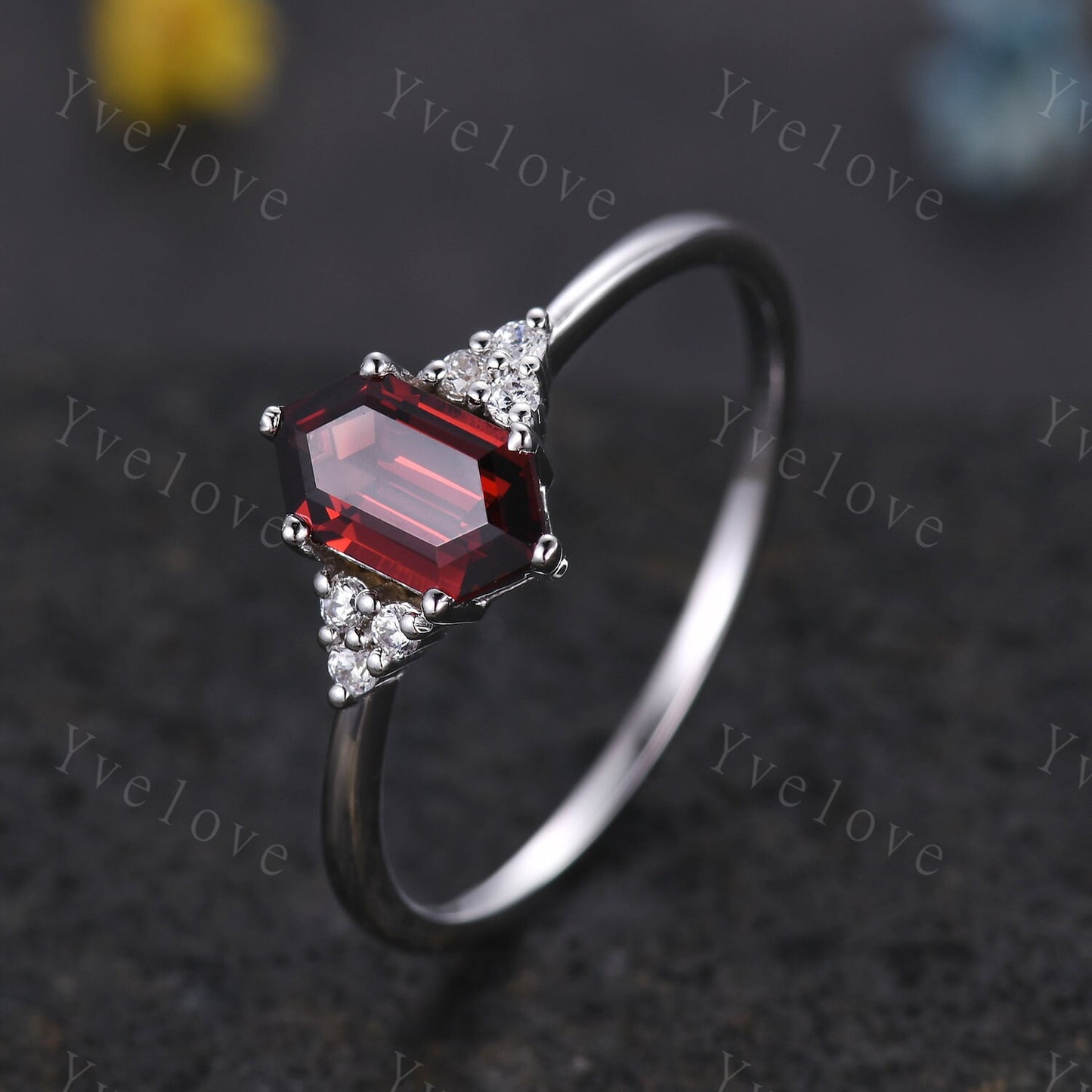 Retro Long hexagon Garnet Ring,Vintage Sterling Silver Ring,Unique Red Garnet Engagement Ring,Promise Ring,January birthday Gift For Her