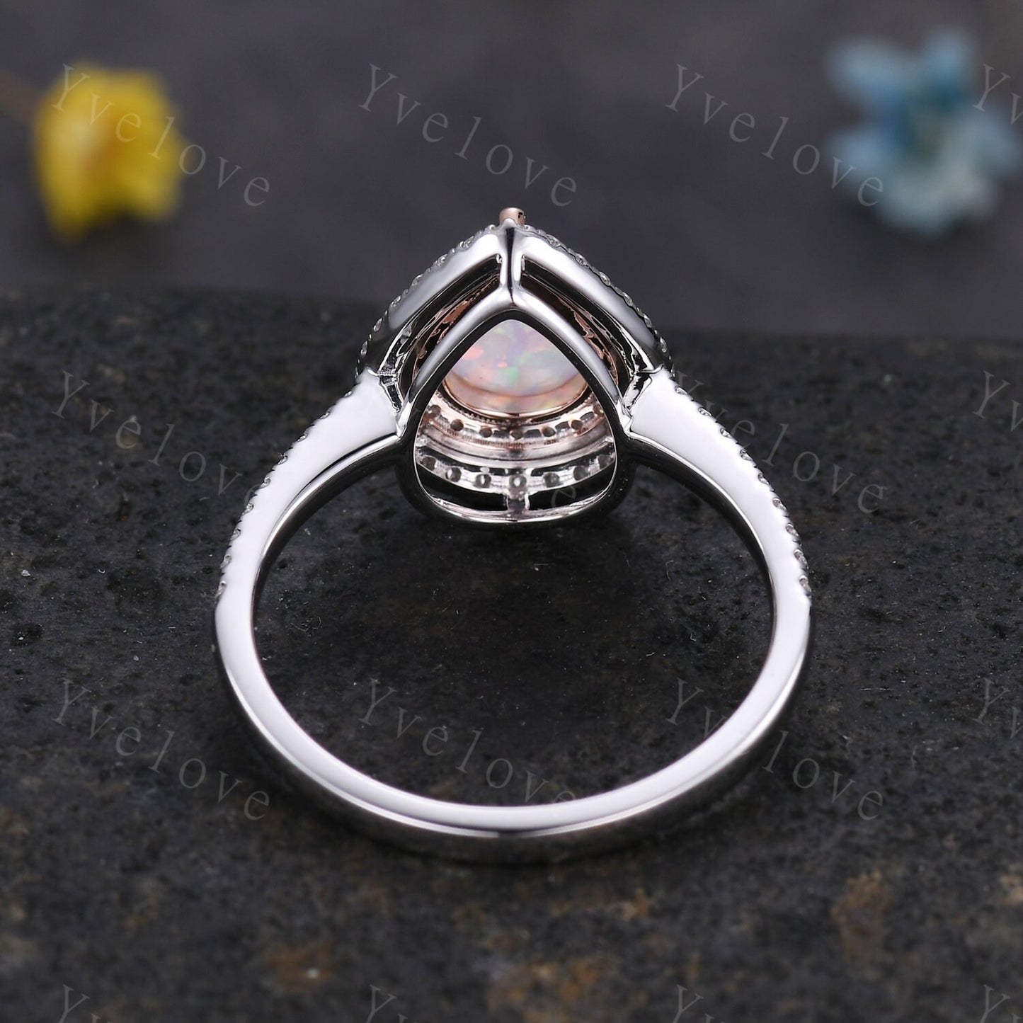 Two Tone Ring Pear cut opal engagement ring rose gold  and white gold women diamond halo ring October ring promise bridal anniversary gift